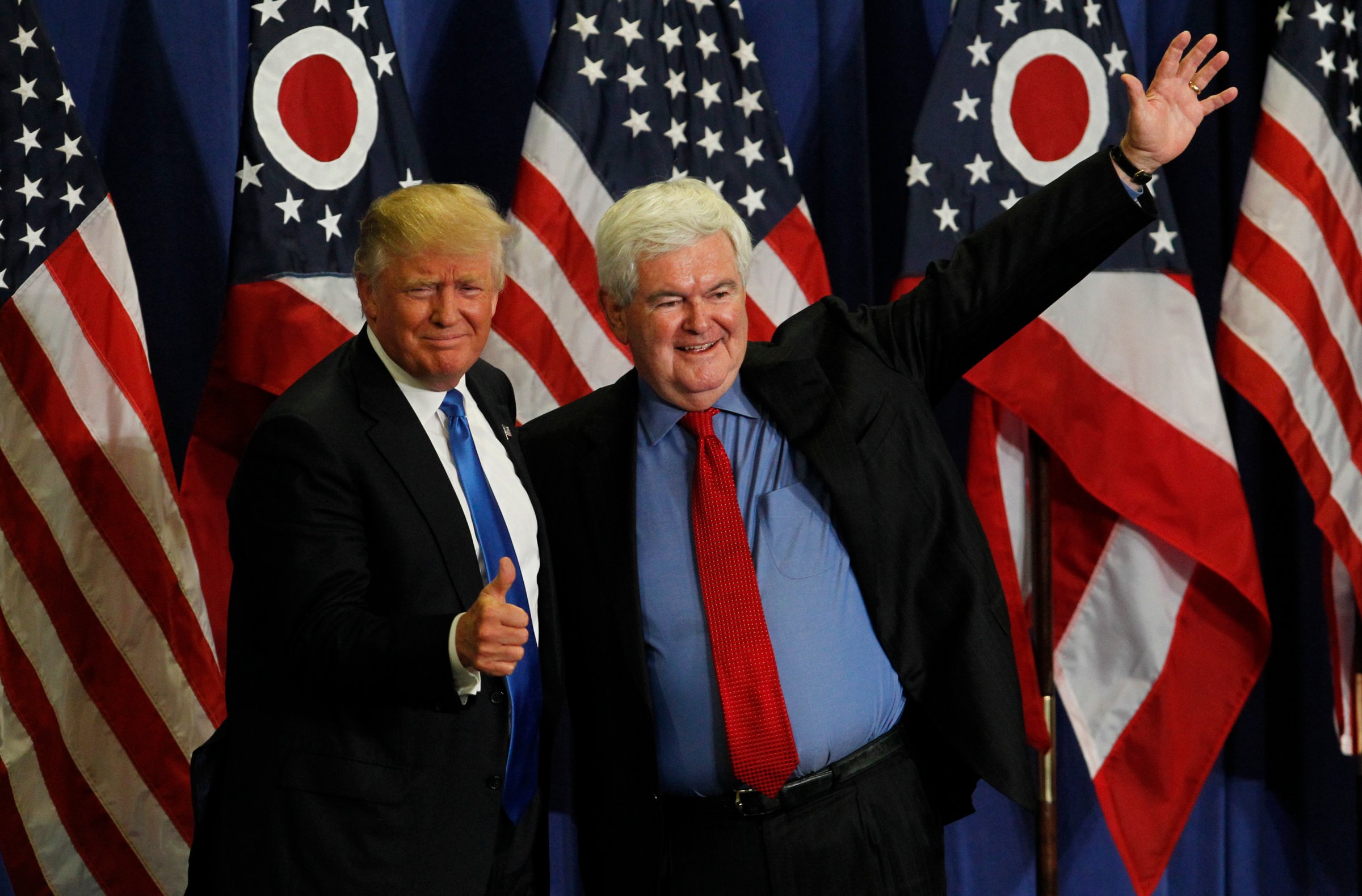 Former Speaker of the House Newt Gingrich (R) introduces Republican Presidential candidate Donald Trump during a rally at the Sharonville Convention Center in Cincinnati on July 6, 2016.