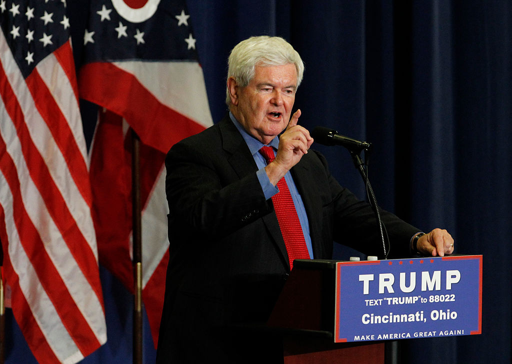 Former Speaker of the House Newt Gingrich (R) introduces Republican Presidential candidate Donald Trump during a rally at the Sharonville Convention Center on July 6, 2016, in Cincinnati, Ohio.