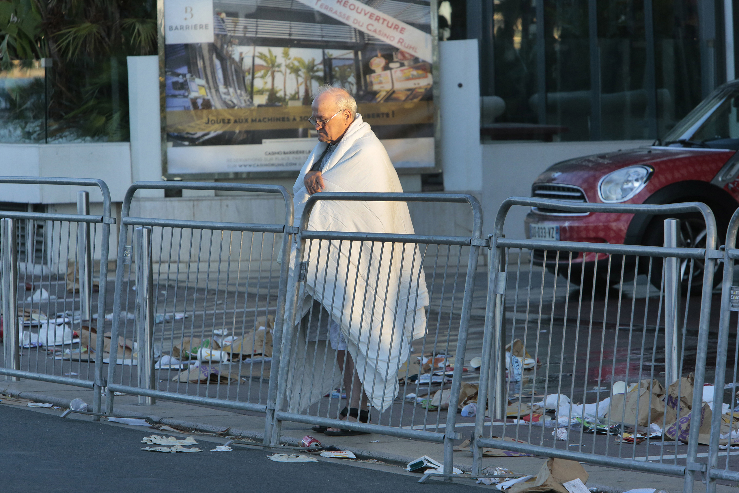 A man at the scene of the truck attack in Nice, France, on July 15, 2016. Authorities said a driver plowed into people celebrating Bastille Day late on Thursday, killing at least 84 people. (Patrick Aventurier—Getty Images)