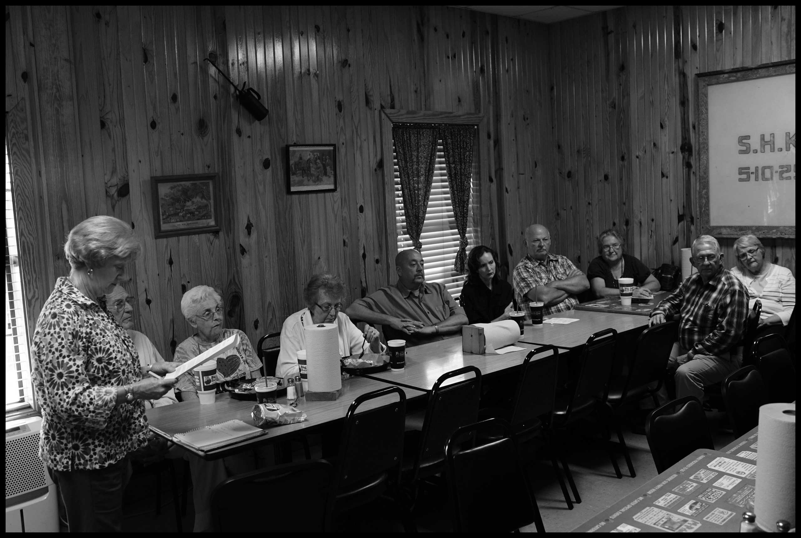 Sara Darling, Chairman of the Hempstead County Republican Committee meets with her fellow Republicans at Big Jake’s Barbeque restaurant and leads the monthly meeting. Hope, Ark. 2016.