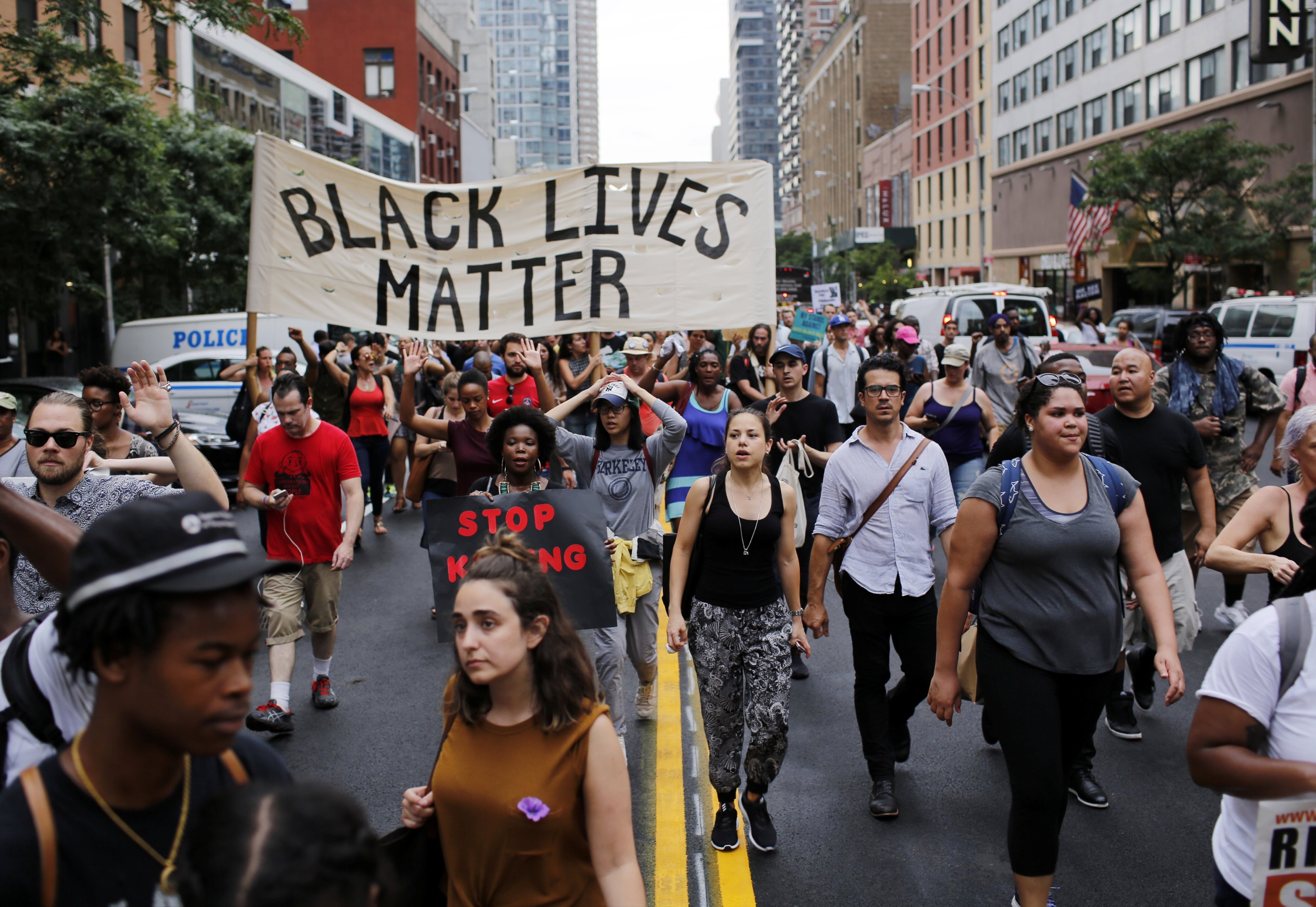 People take part in a protest for the killing of Alton Sterling and Philando Castile during a march along Manhattan's streets in New York, on July 7, 2016. (Eduardo Munoz—Reuters)