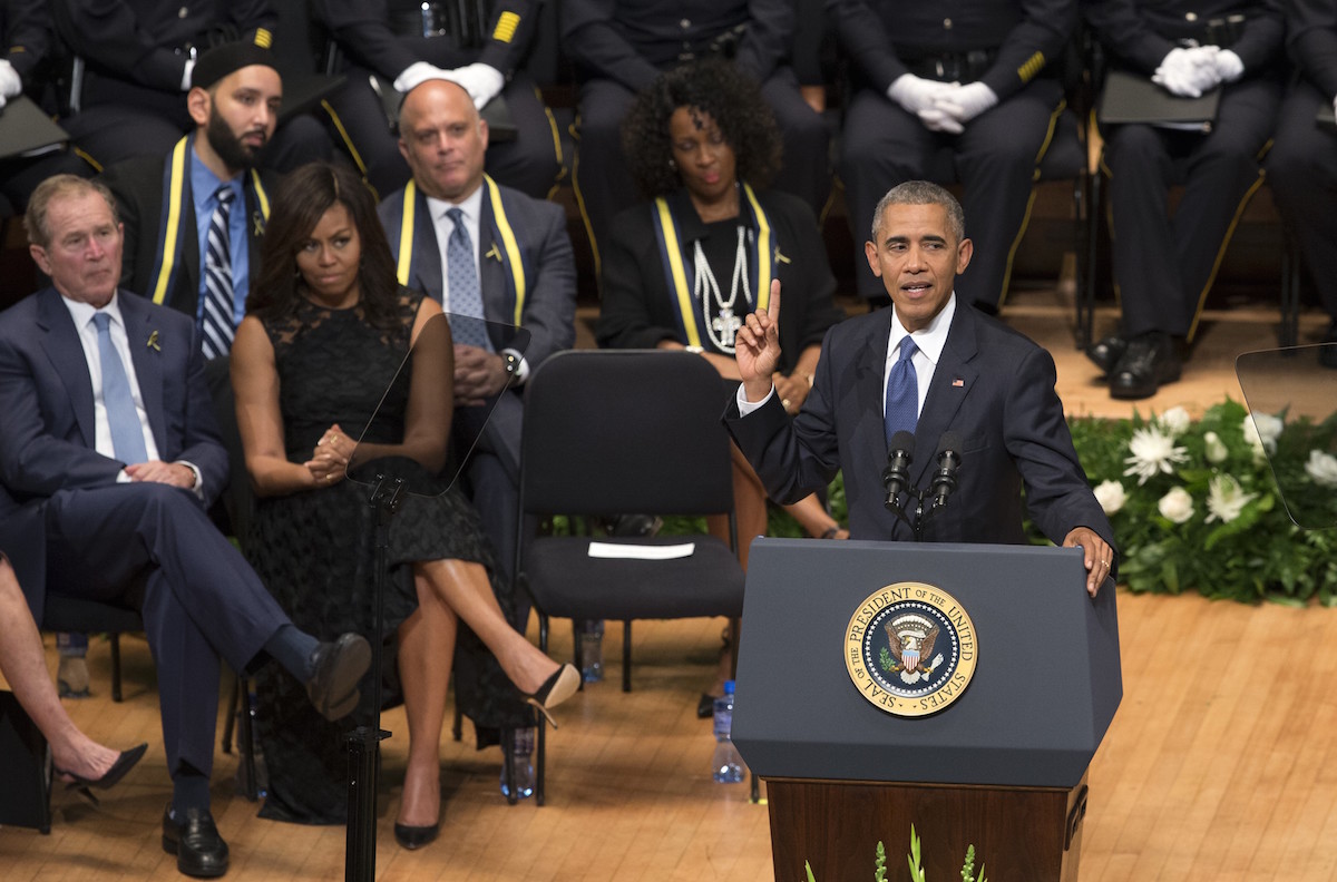 President Barack Obama delivers a speech during a memorial service for the victims of the Dallas police shooting at the Morton H. Meyerson Symphony Center in Dallas on July 12, 2016. (Bilgin S. Sasmaz—Anadolu Agency / Getty Images)
