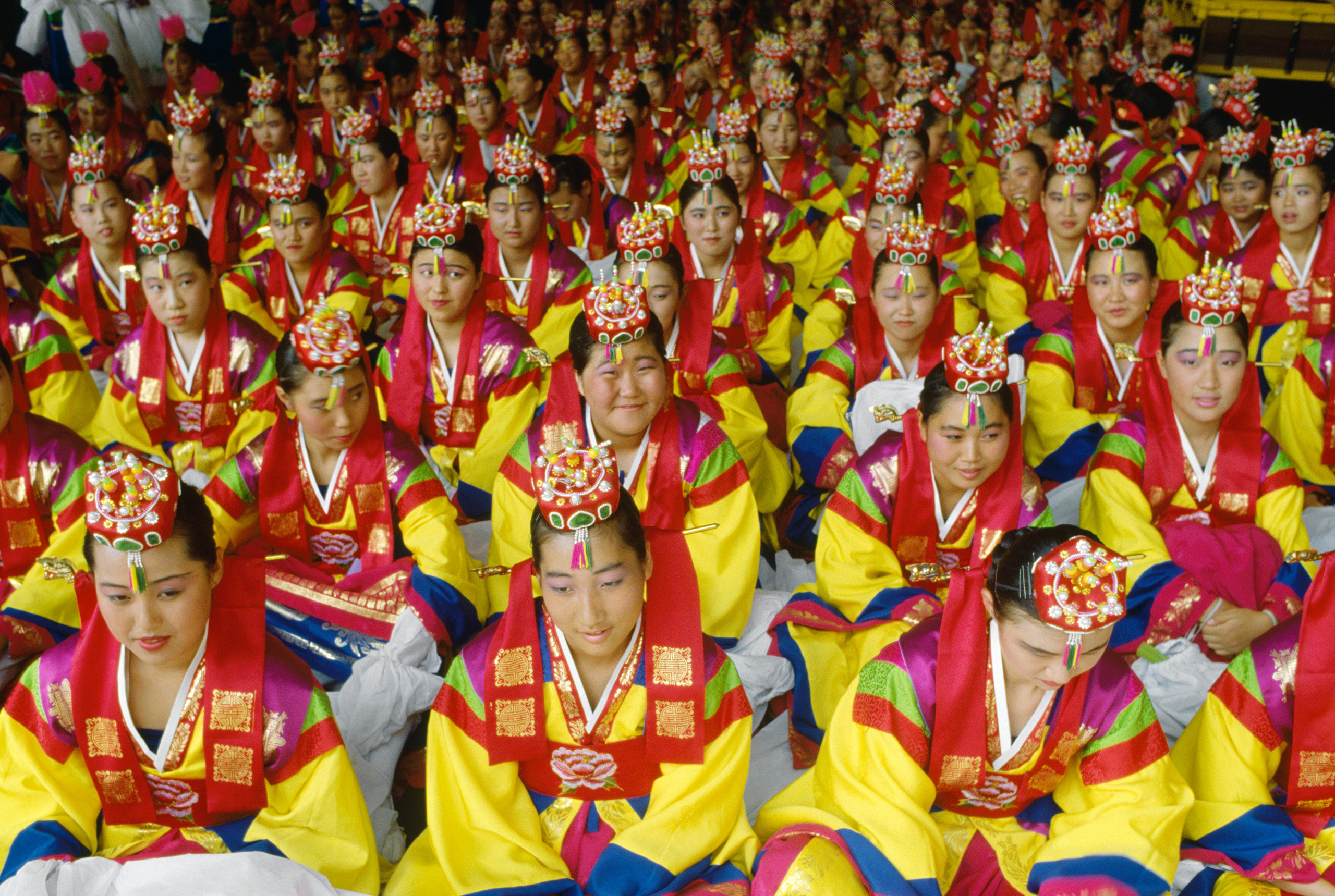 Seoul, 1988Performers dressed in traditional costumes wait for their cue.