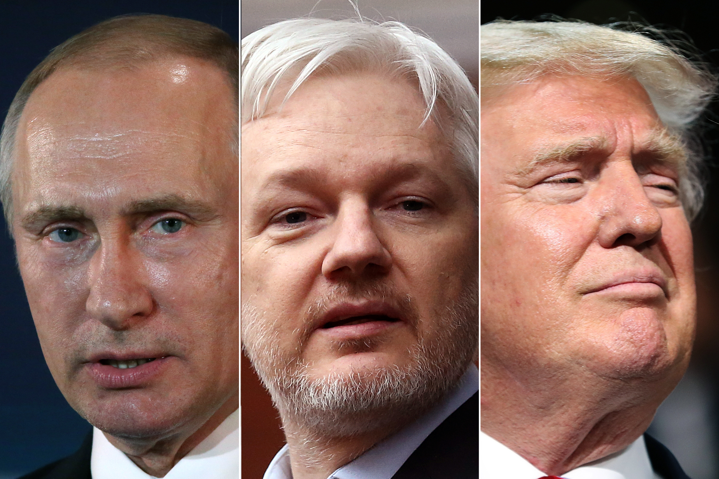 Vladimir Putin in Moscow, in July 2016 (L); Julian Assange in the balcony of the Ecuadorian Embassy in London, in Feb. 2016 (C); Donald Trump in Cleveland, OH, in July 2016 (R). (Getty Images (3))