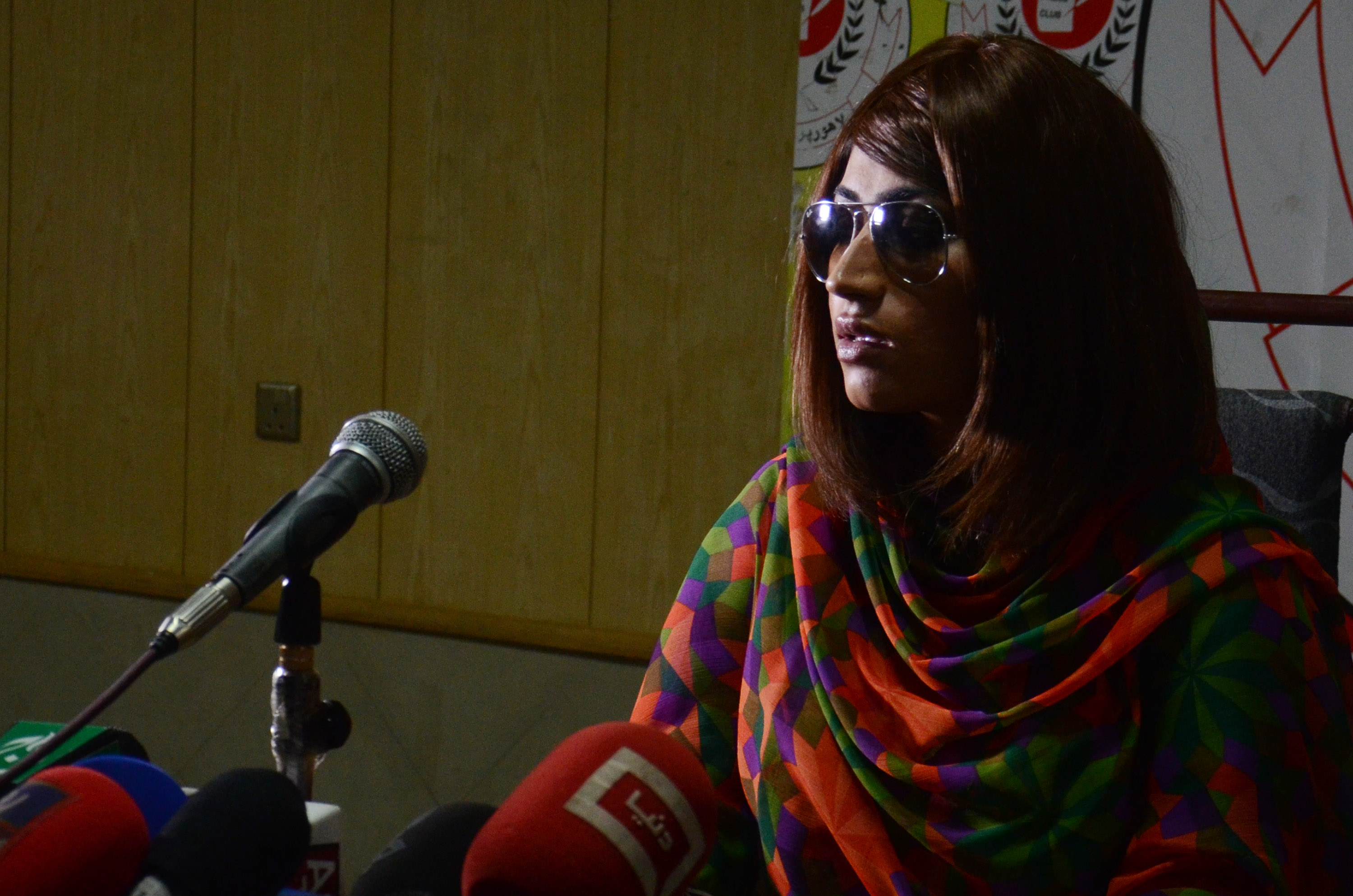 Late Pakistani actress and model Qandeel Baloch addresses the media on June 28, 2016. On July 15, 2016, her brother killed her because "she was bringing dishonor to [his] family." (Rana Sajid Hussain—Pacific Press/LightRocket/Getty Images)