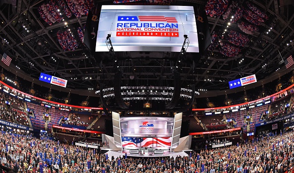 Delegates pose for an official convention photograph on the opening day of the Republican National Convention at the Quicken Loans arena in Cleveland, Ohio on July 18, 2016.