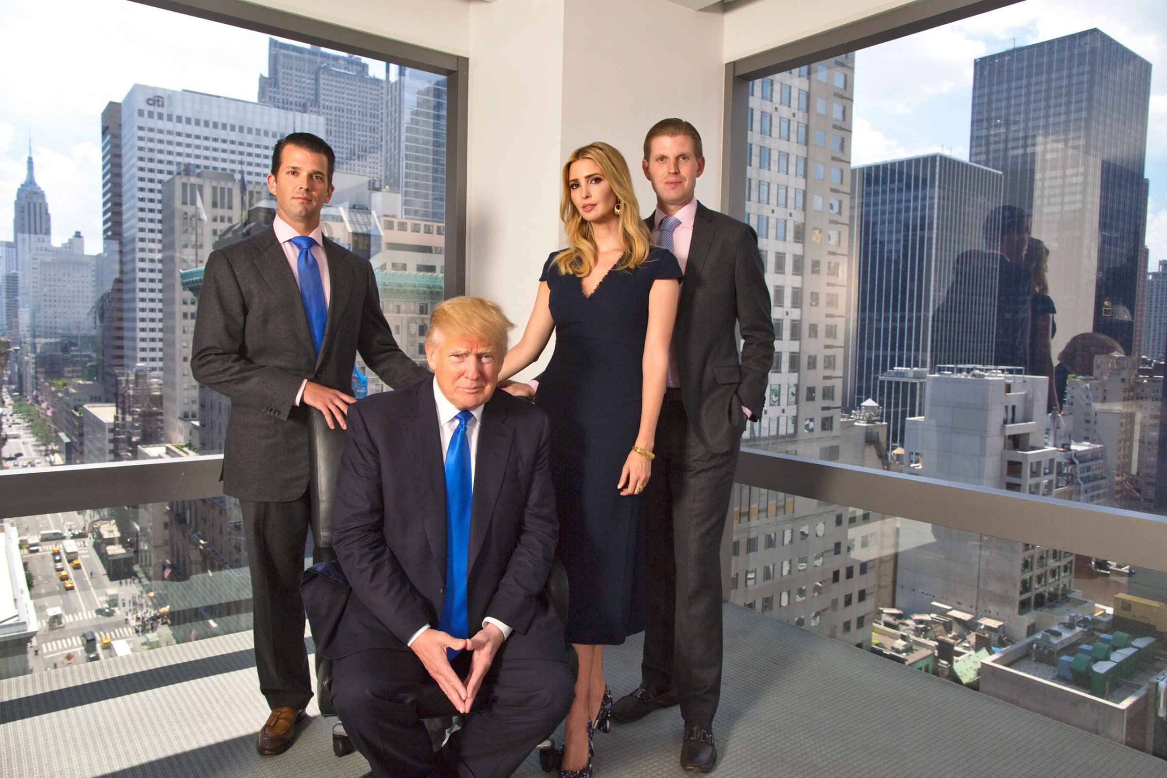 From left: Donald Jr., Ivanka and Eric Trump with their father on July 6 at Trump Tower in New York City