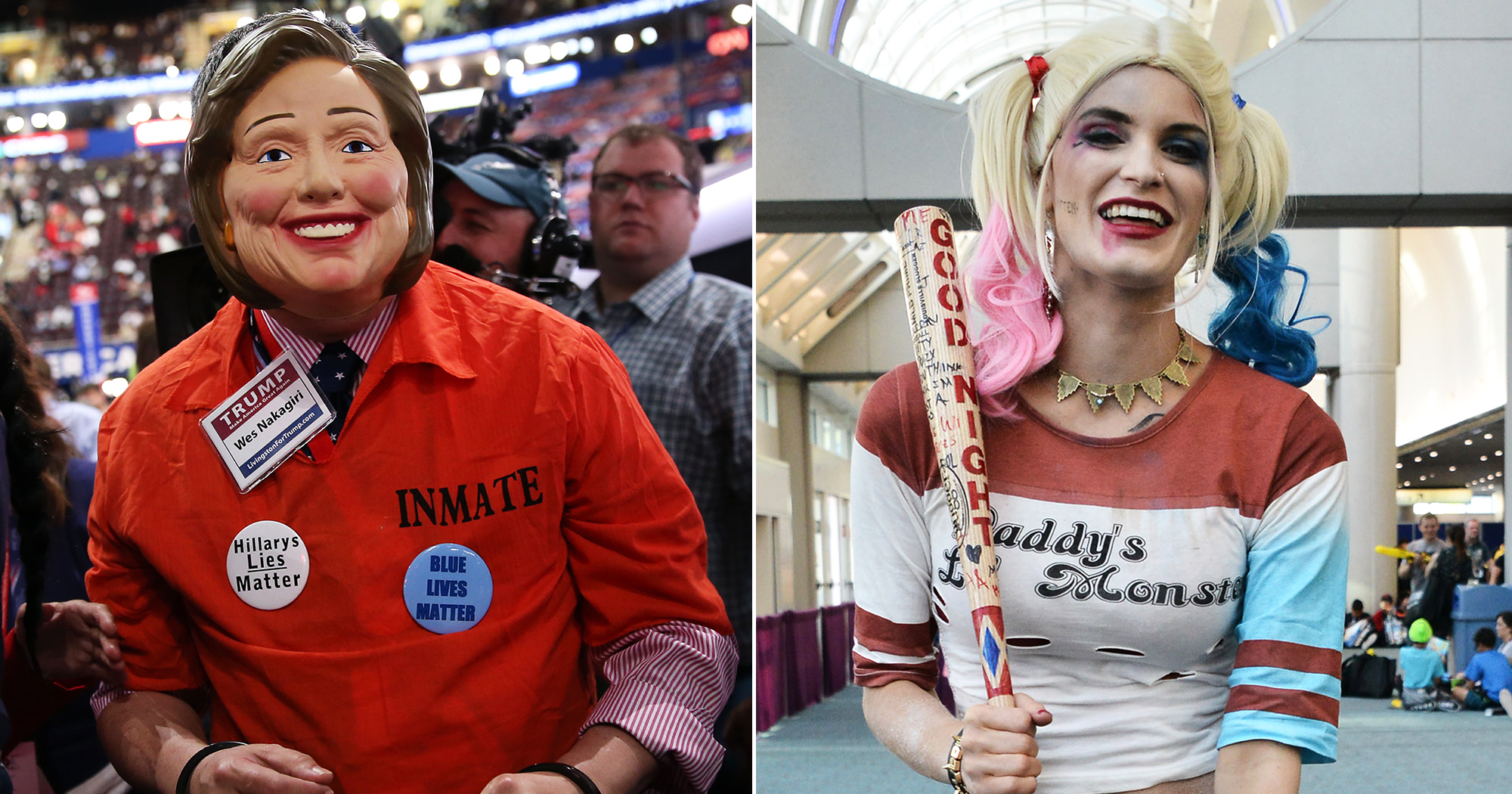 Attendees at the RNC, left, and at Comic-Con, right.