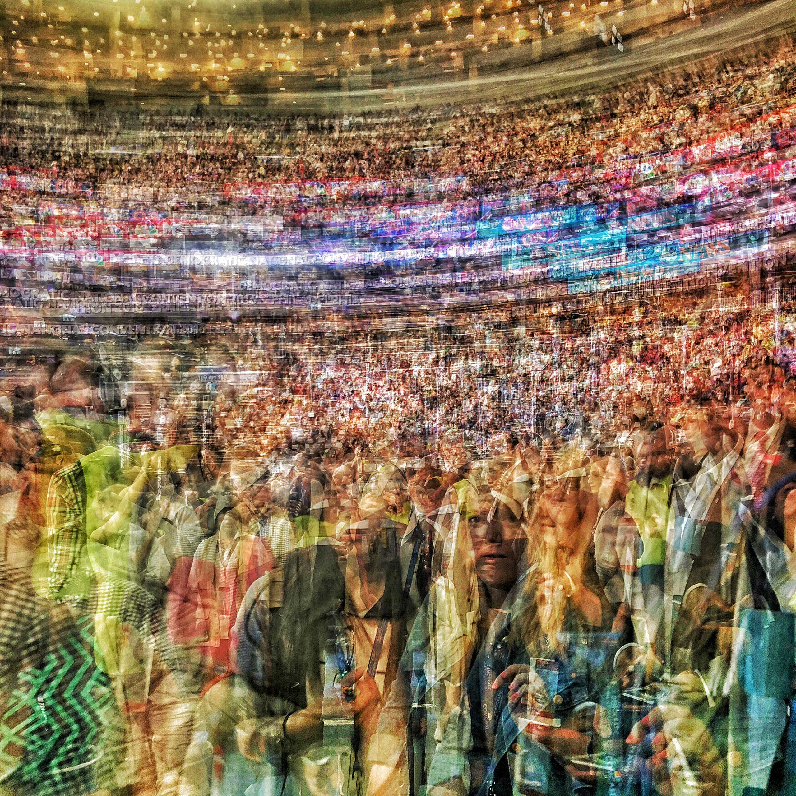 This multiple-exposure photograph captures the floor of the Democratic National Convention at the Wells Fargo Center in Philadelphia on July 27, 2016.