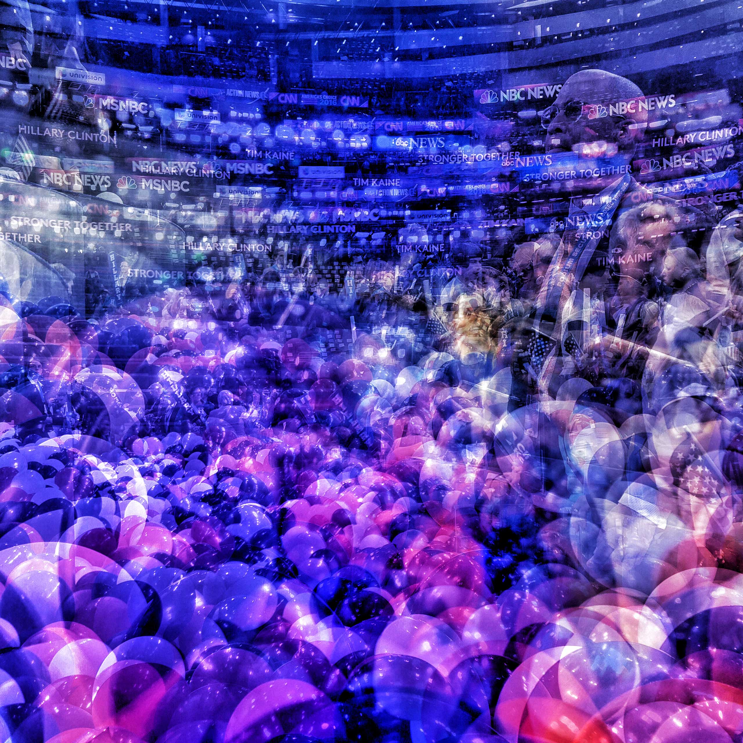 This multiple-exposure photograph captures the floor of the Democratic National Convention at the Wells Fargo Center in Philadelphia after a balloon drop that marked Hillary Clinton's nomination on July 28, 2016.