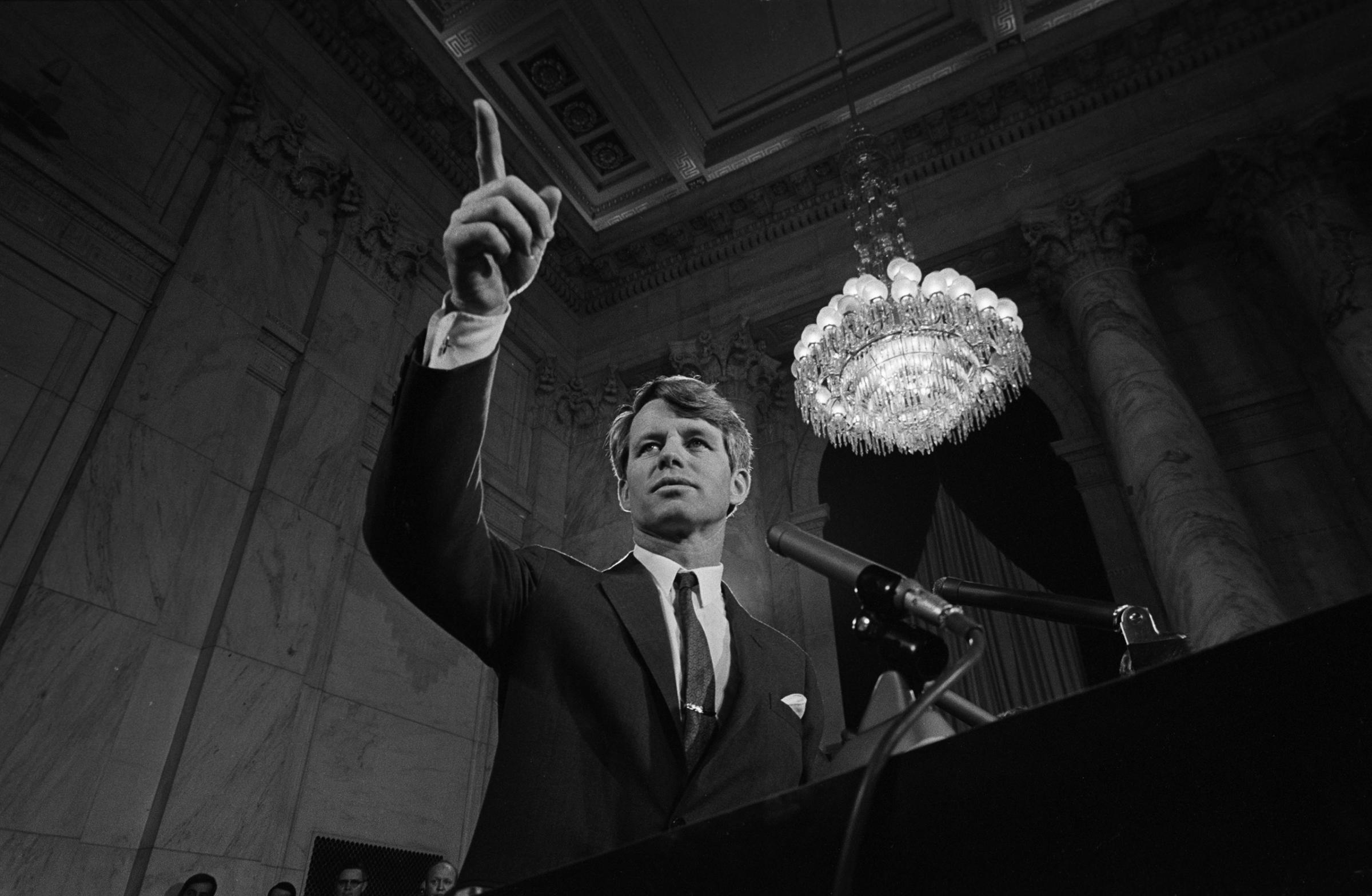Portrait of Robert F. Kennedy announcing he is running for president.