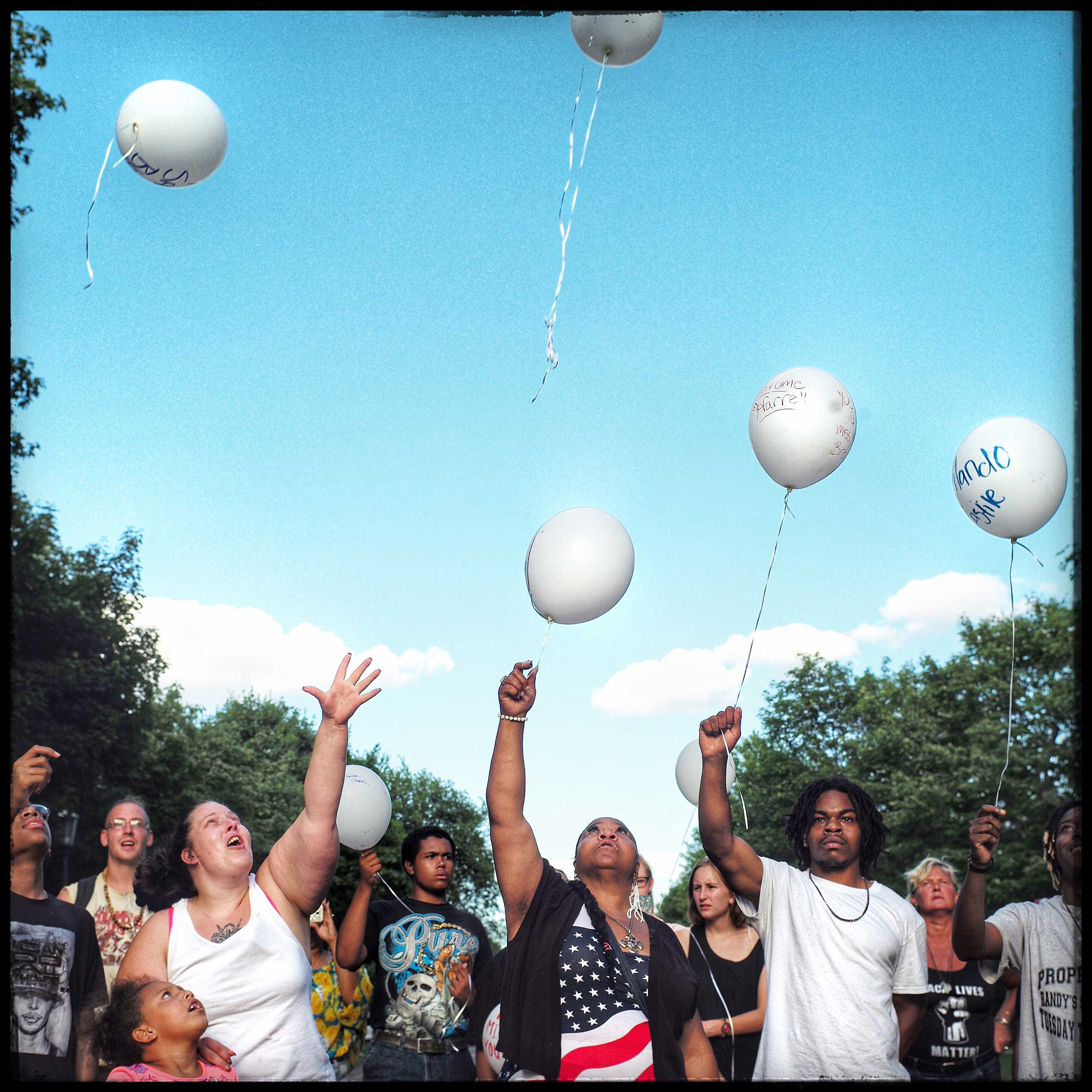St. Paul, Minn.: Protestors who have set up camp
                              in front of the Governor's mansion in St Paul remembered
                              Philando Castile today with a 33-balloon salute on what would have been his 33rd birthday.