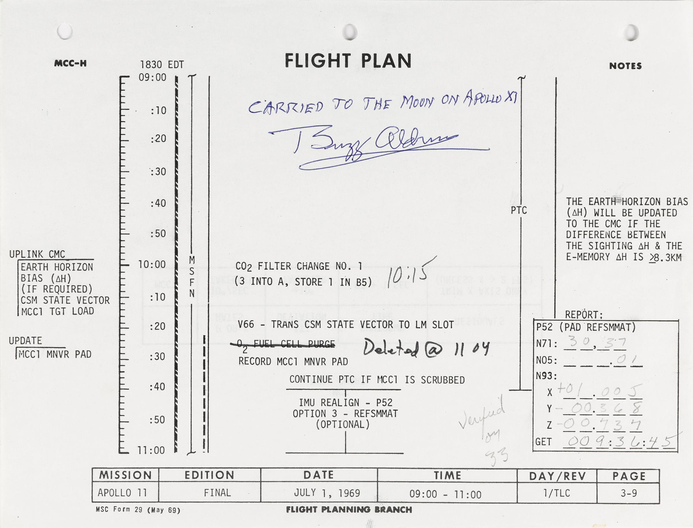 Apollo 11 flight plan sheet from the crew's first day in space, signed by Buzz Aldrin.