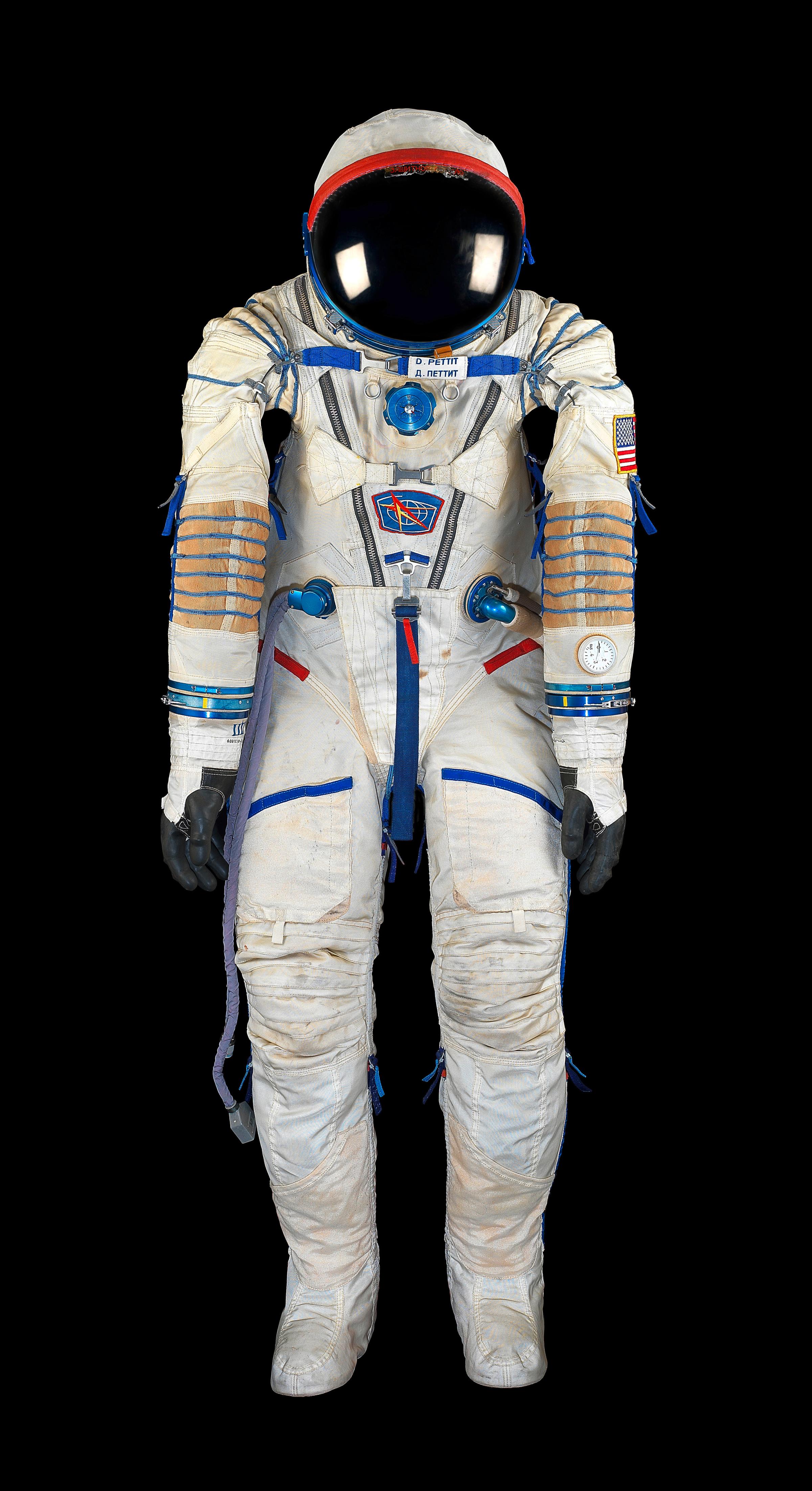 Space suit worn by flight engineer Don Petit on his dramatic return to Earth aboard the Soyuz TMA-1, following the Columbia disaster.