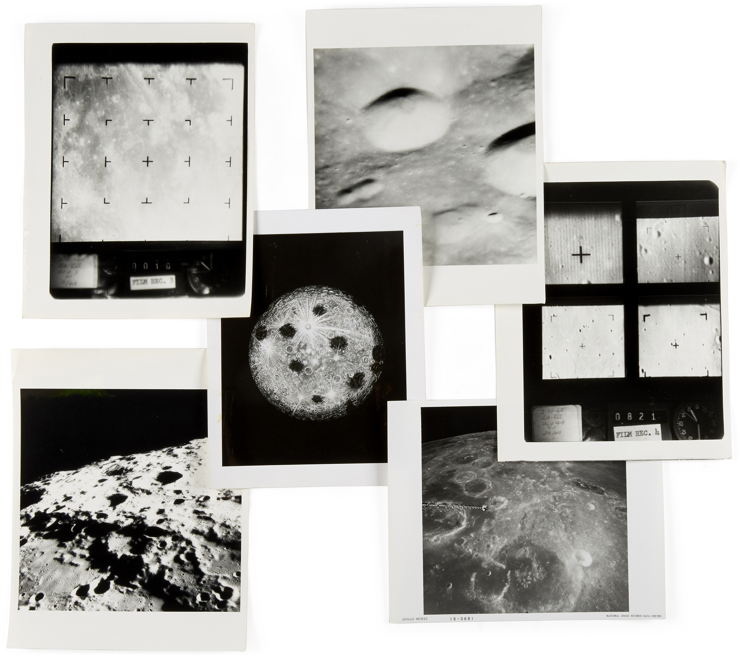 A collection of small format lunar photographs including several from various Lunar Orbiters and a small group of Apollo 16 metric mapping photographs, as well as teaching materials, originating from the collection of a volcanologist involved in mapping lunar landing sites for the Apollo missions.
