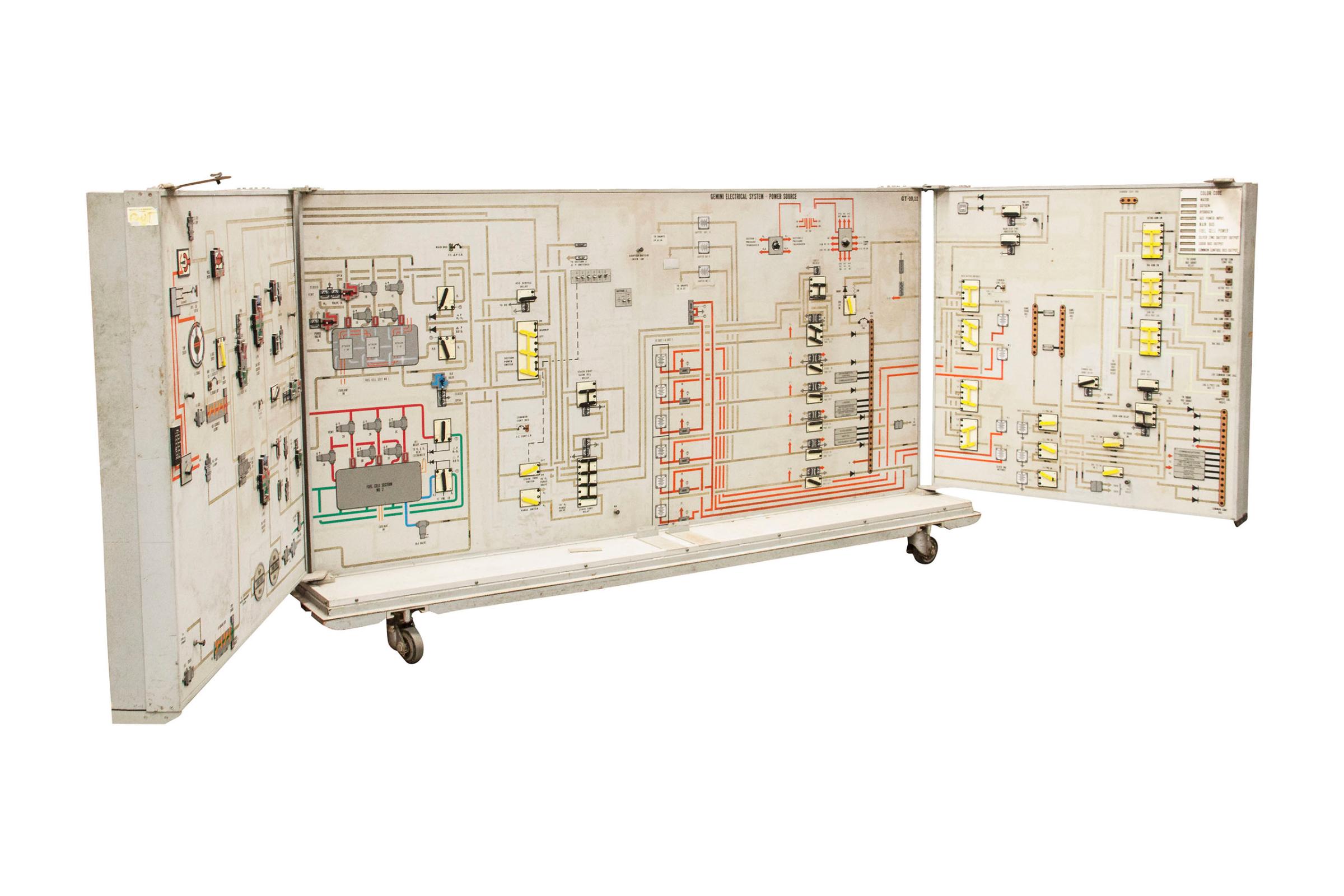 The Gemini 133P trainer assembly was used to train the Gemini astronauts at the Manned Spacecraft Center in Houston. Essentially a duplicate of the display panels and instruments found inside the Gemini spacecraft, the system was used to learn the Attitude control and Maneuver Electronics System (ACME), the Orbit Attitude Maneuvering System (OAMS), and the Landing & Post Landing Procedures, amongst many other skills.