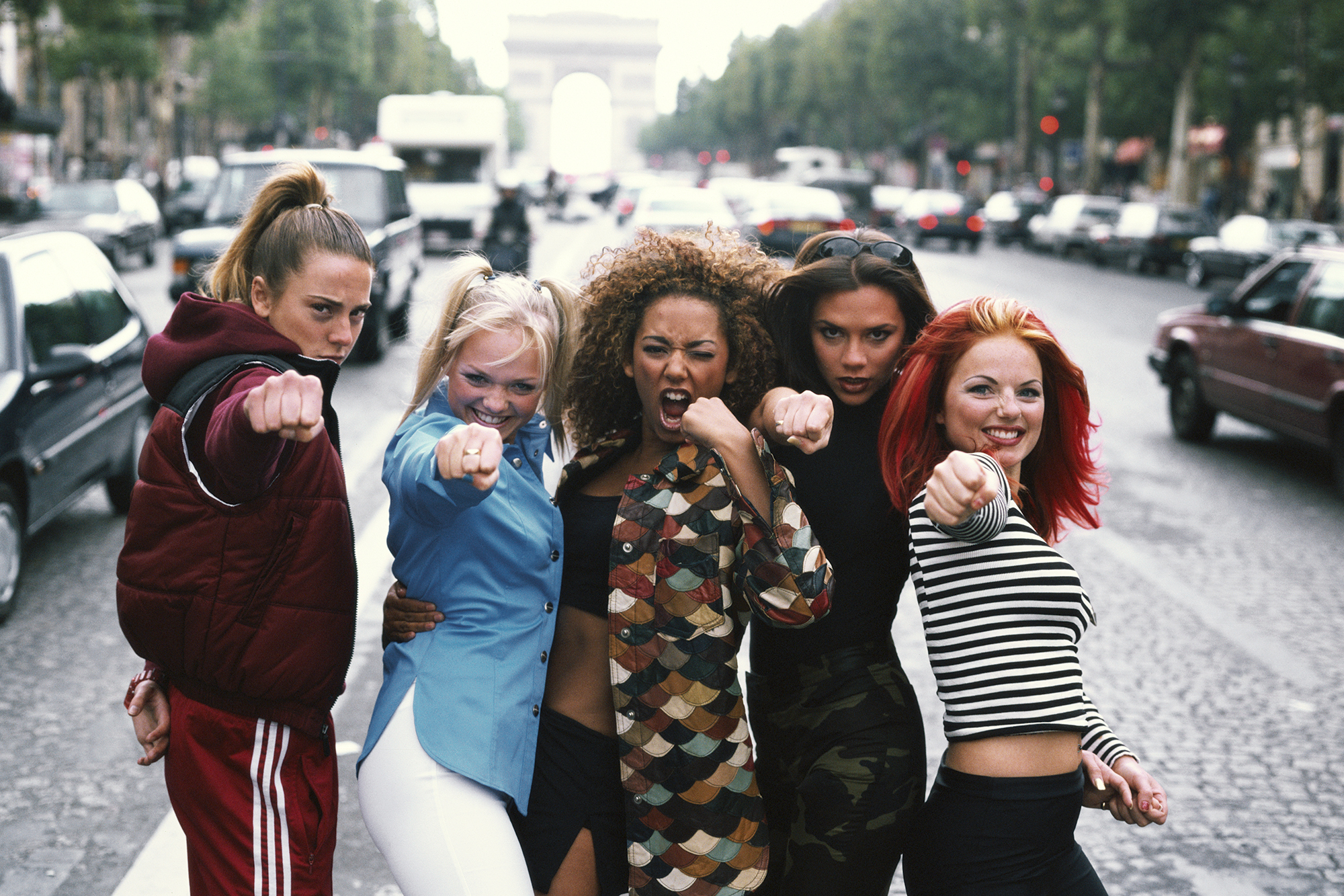 From left: Melanie Chisholm, Emma Bunton, Melanie Brown, Victoria Beckham, and Geri Halliwell in Paris on Sept. 1, 1996.