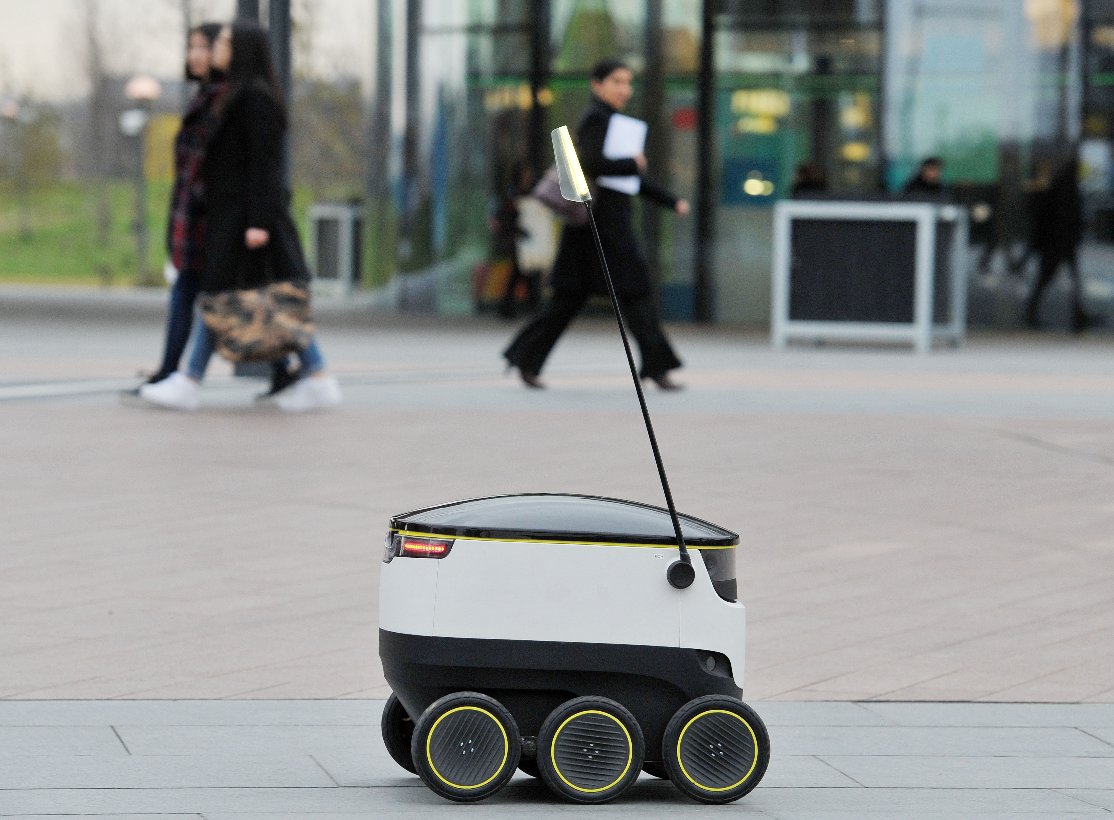 Starship Technologies self-driving delivery robot. A Starship Technologies' self-driving delivery robot during the launch of its UK trials, at their office on the Greenwich Peninsula, south London on March 10, 2016. (Nick Ansell—PA Wire/Press Association Images)