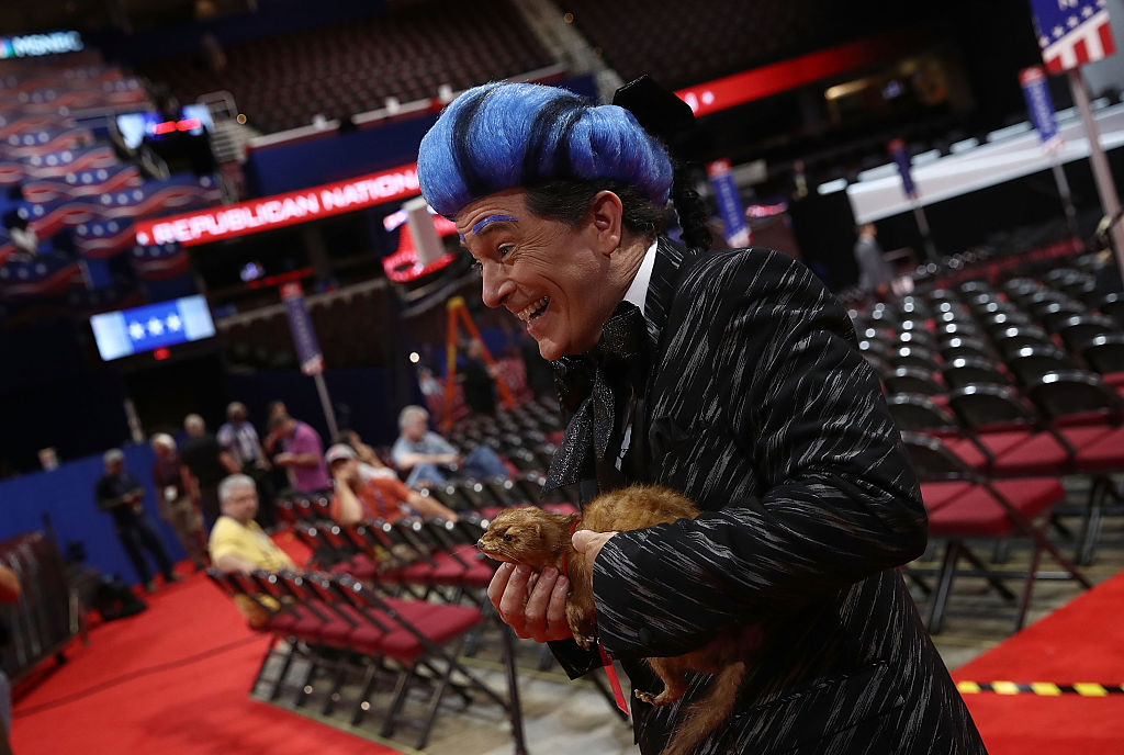 Comedian Stephen Colbert tapes a segment on the floor of the Republican National Convention for CBS's "The Late Show with Stephen Colbert" at the Quicken Loans Arena in Cleveland on July 17, 2016. (Win McNamee—Getty Images)
