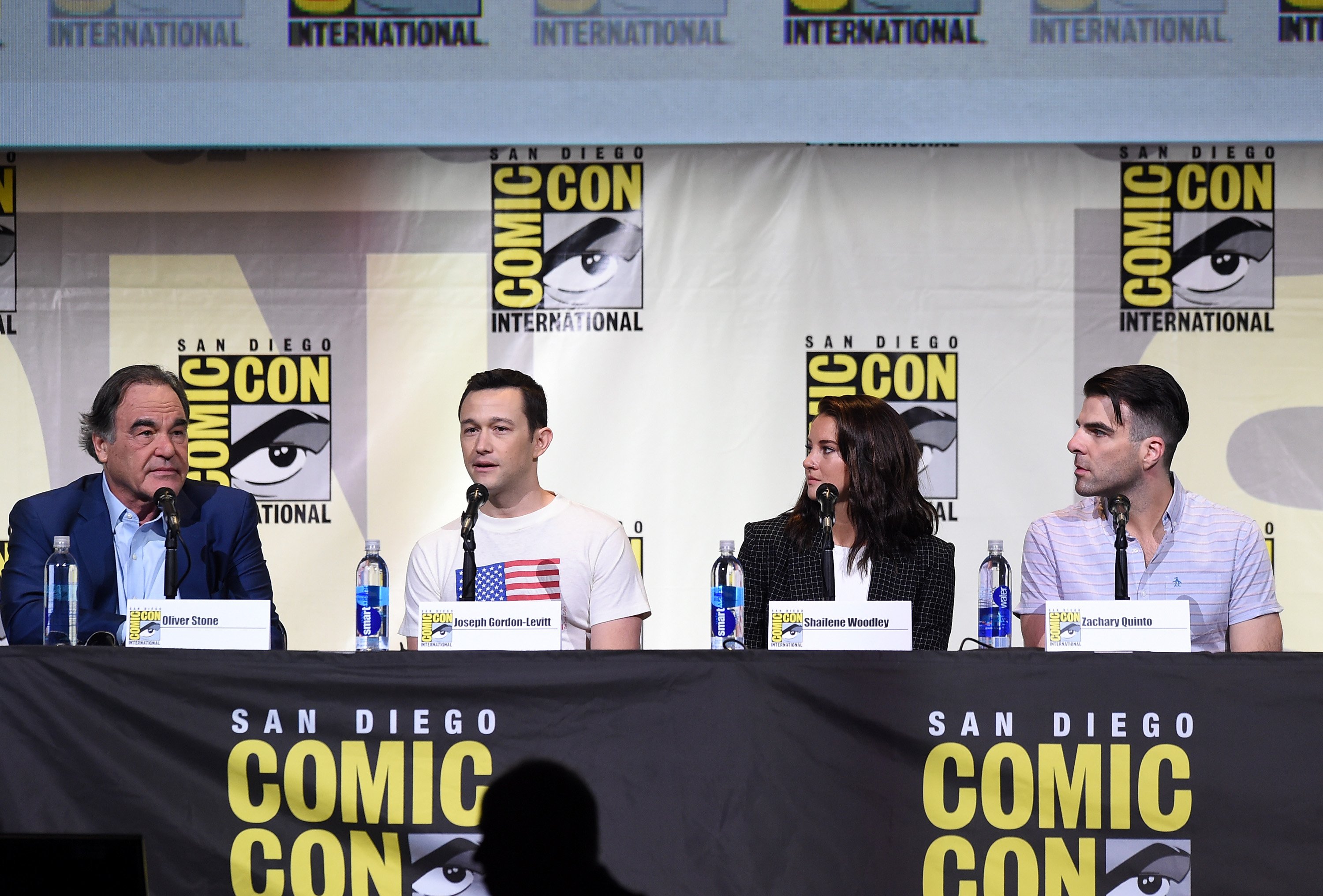 Oliver Stone, Joseph Gordon-Levitt, Shailene Woodley and Zachary Quinto attend the "Snowden" panel during  Comic-Con International 2016 at San Diego Convention Center, on July 21, 2016. (Kevin Winter&mdash;Getty Images)