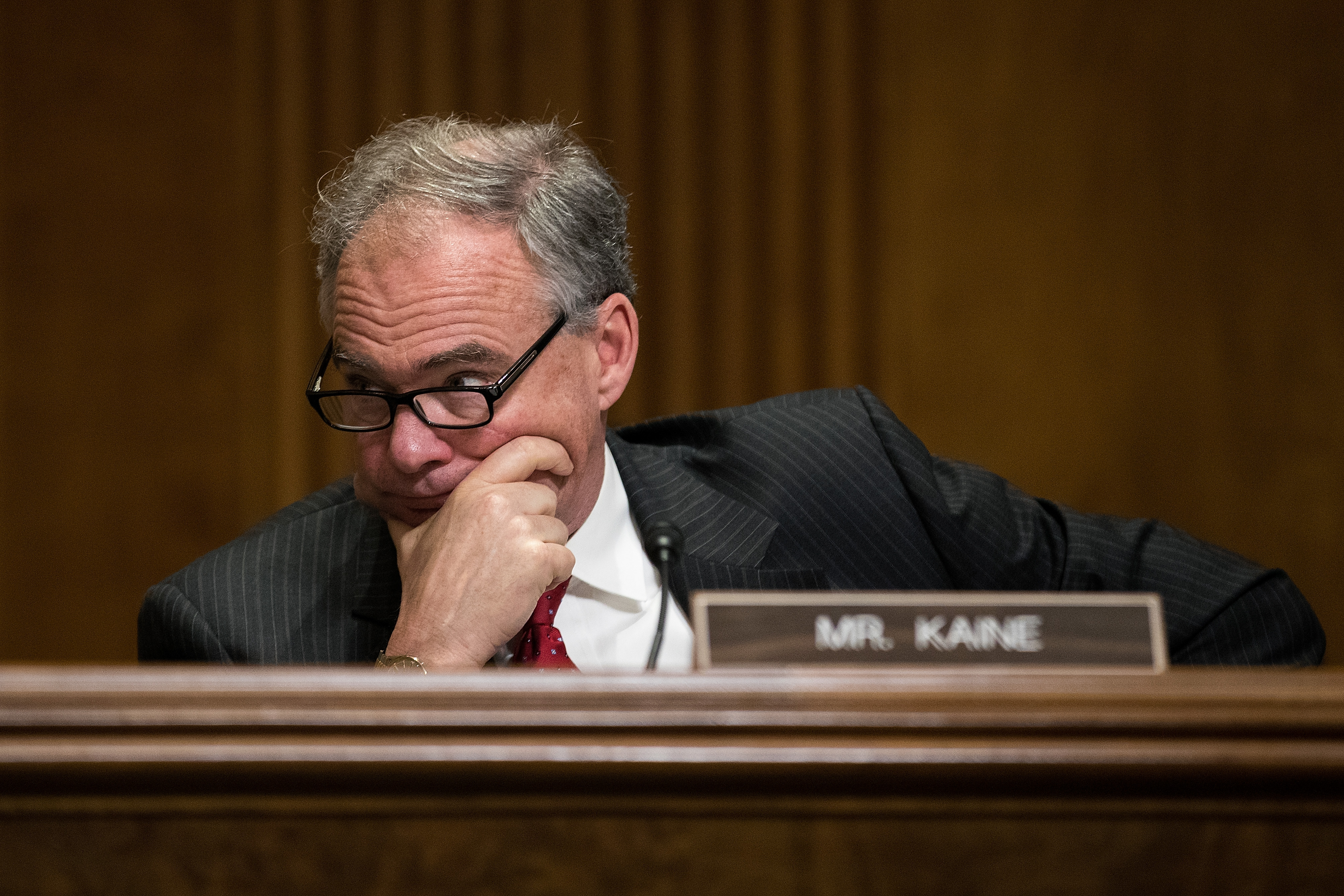 Tim Kaine listens to testimony during a Senate Foreign Relations Committee hearing on Capitol Hill, on May 26, 2016. (Drew Angerer—Getty Images)
