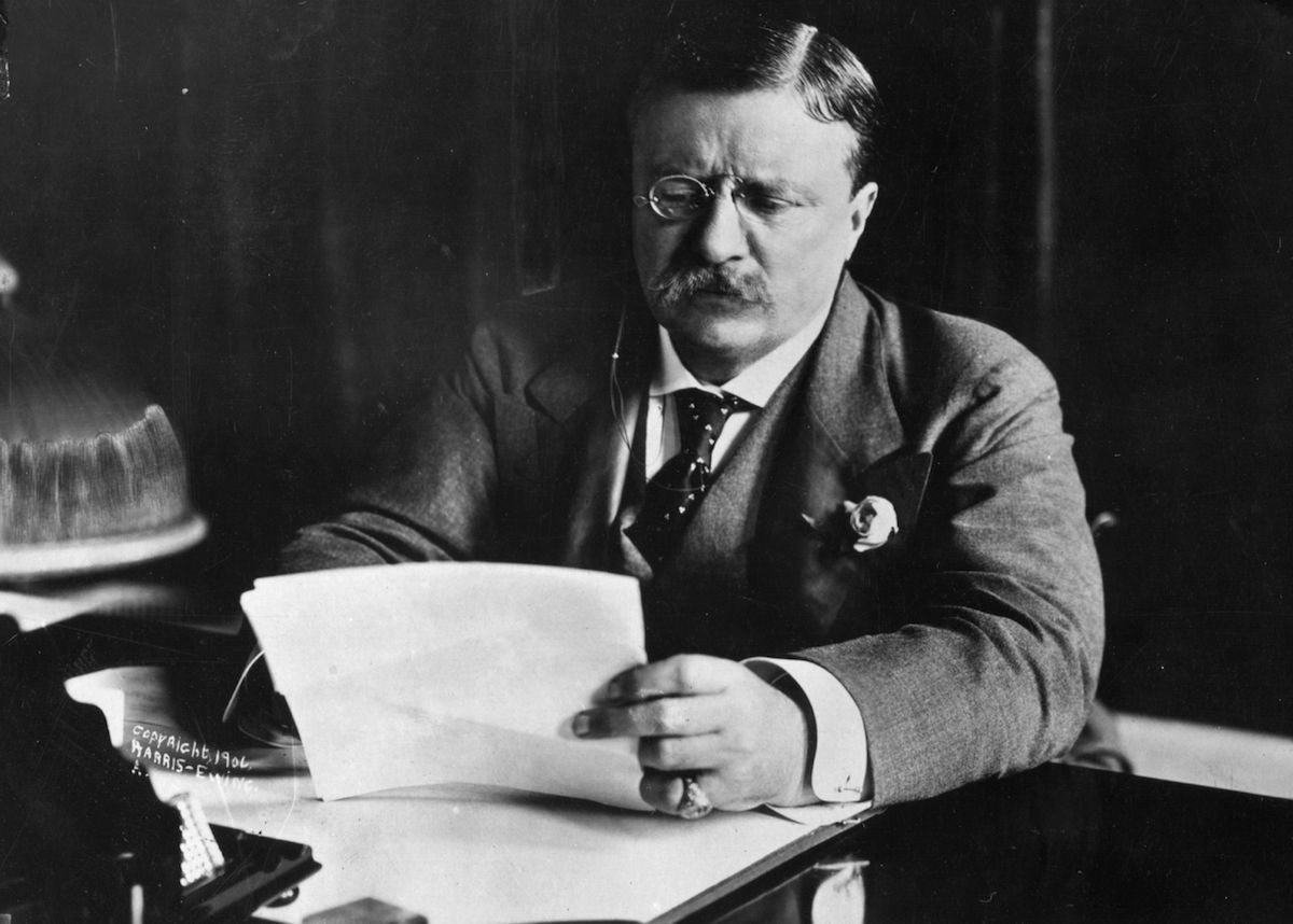 circa 1905:  Theodore Roosevelt (1858 - 1919)  sitting at his desk working. (Hulton Archive / Getty Images)