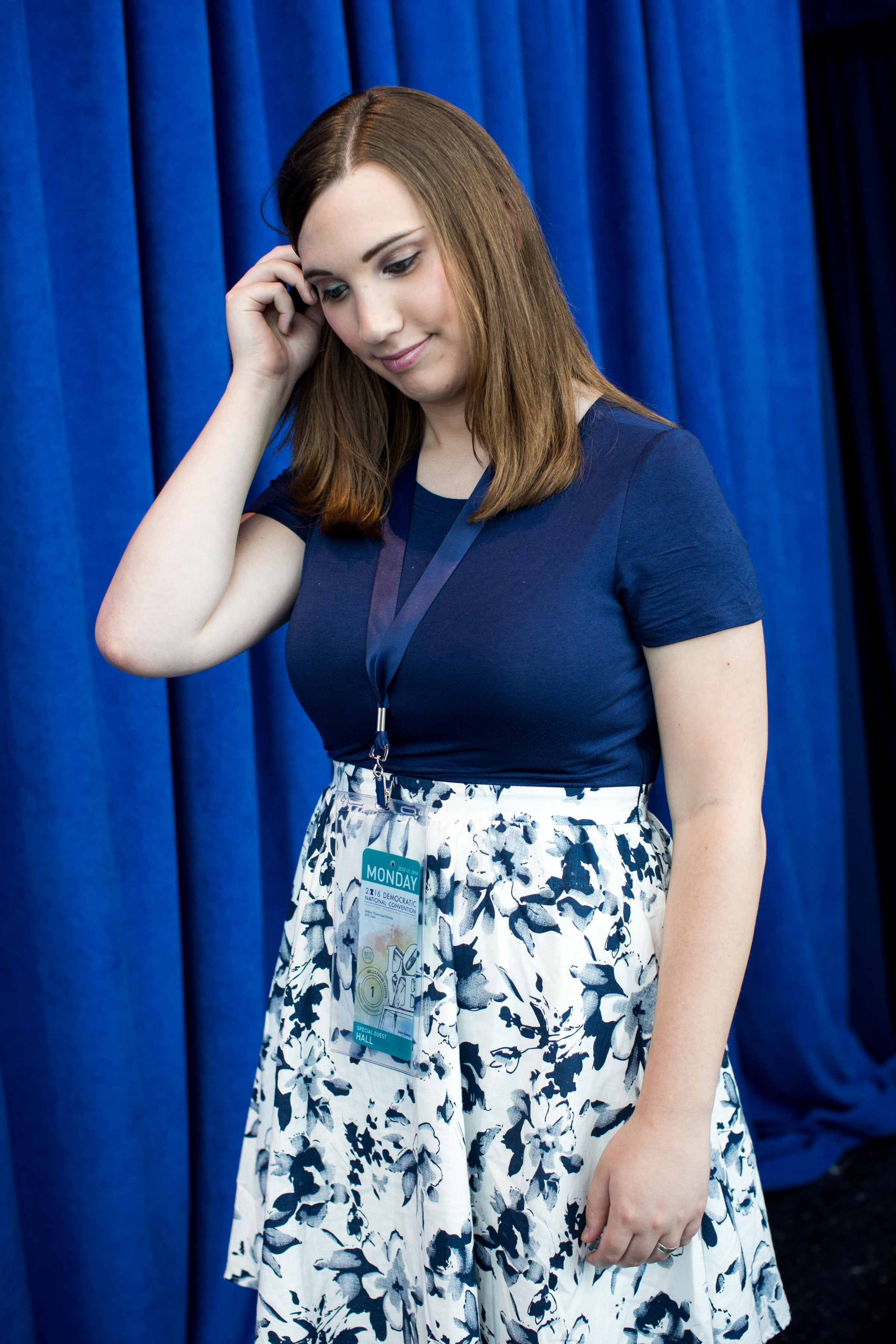 Sarah McBride posed for a portrait at the Wells Fargo Center where she is attending Democratic National Convention on July 25, 2016 in Philadelphia.(Natalie Keyssar for TIME)