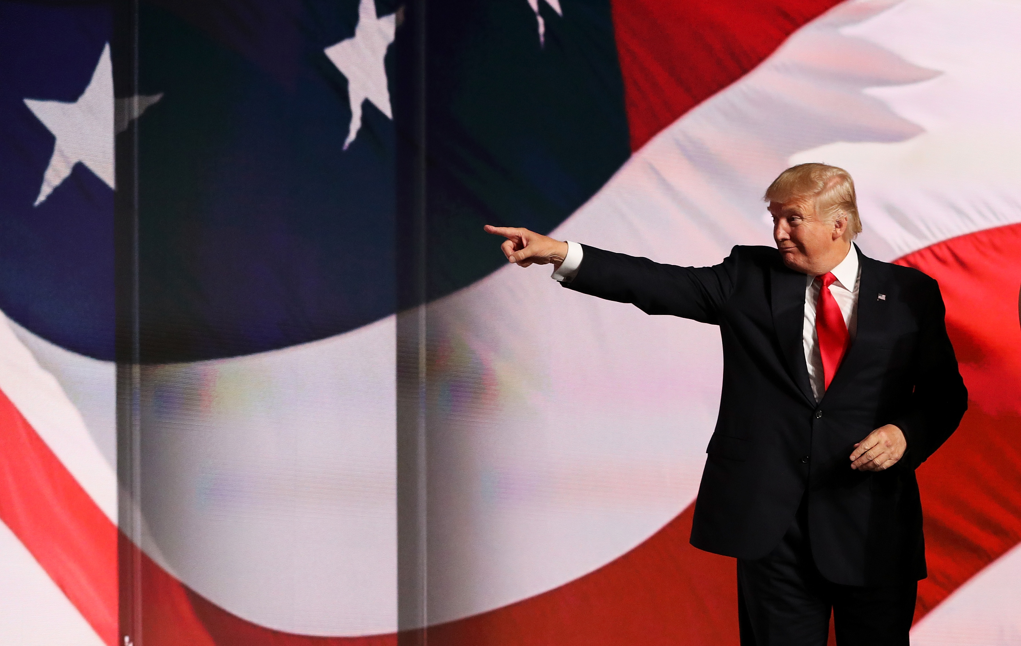 Republican presidential candidate Donald Trump acknowledges the crowd at the end of the Republican National Convention at the Quicken Loans Arena in Cleveland on July 21, 2016.