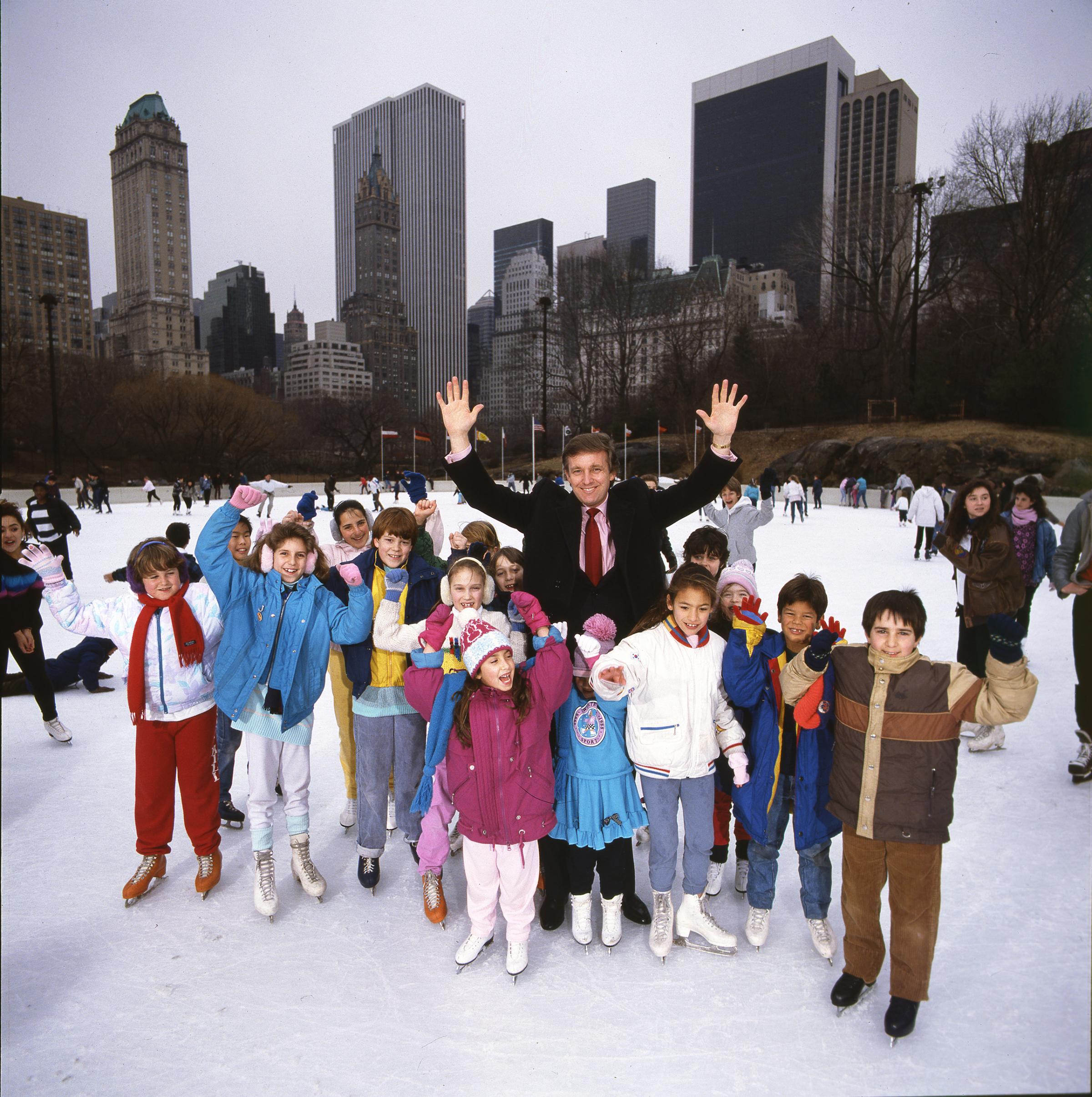 1986 Trump celebrates after the completion of repairs to Wollman Rink in Central Park. He got the contract from the city, finishing early and well under budget.