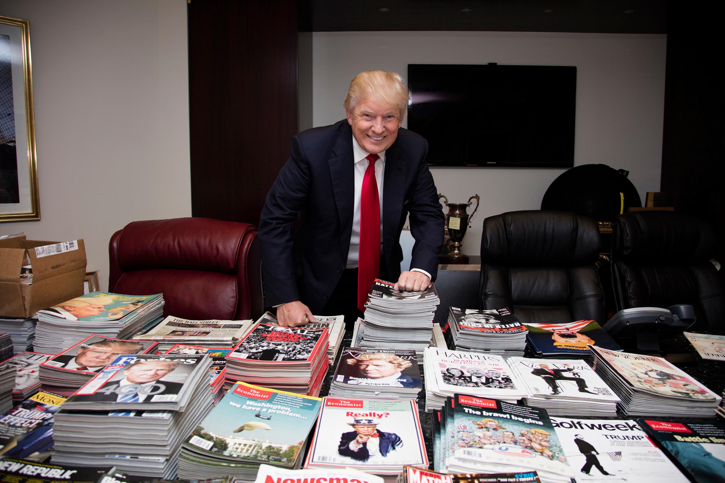 Donald Trump in a conference room, where he's storing his archive of press and memorabilia, on July 11, 2016.