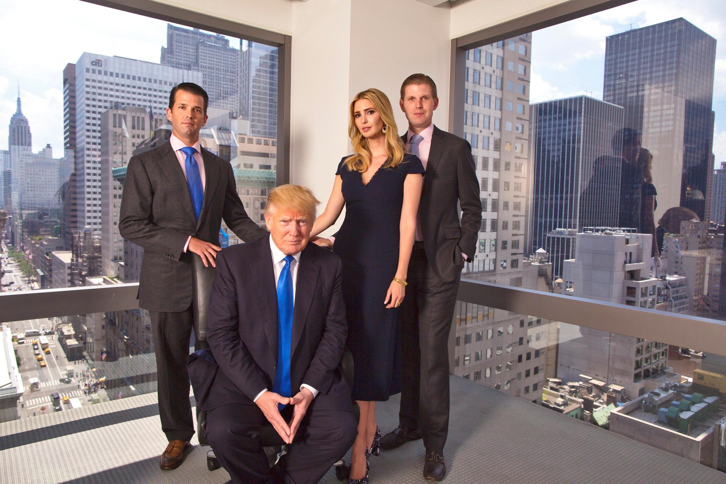 Republican presidential candidate Donald Trump with his children, from left: Donald John “Don” Trump Jr., Ivanka Trump and Eric Trump at Trump Tower in New York City on July 6, 2016.
