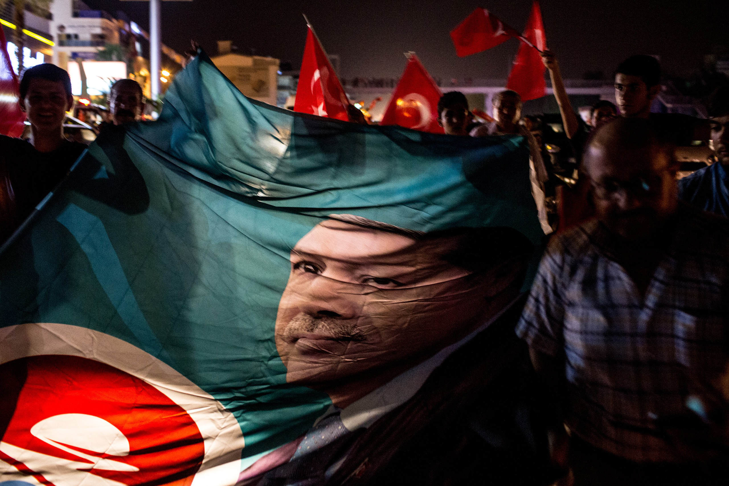 People take to the street in support of President Recep Tayyip Erdogan in Antalya, Turkey, on July 16, 2016.