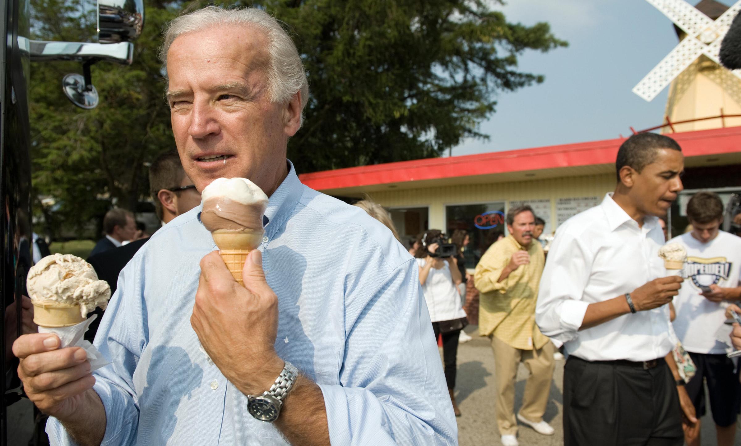 Vice presidential nominee Senator Joe Biden and Democratic presidential nominee Senator Barack Obama enjoy ice cream cones as they speak with local residents at the Windmill Ice Cream Shop in Aliquippa, Penns. on Aug. 29, 2008.