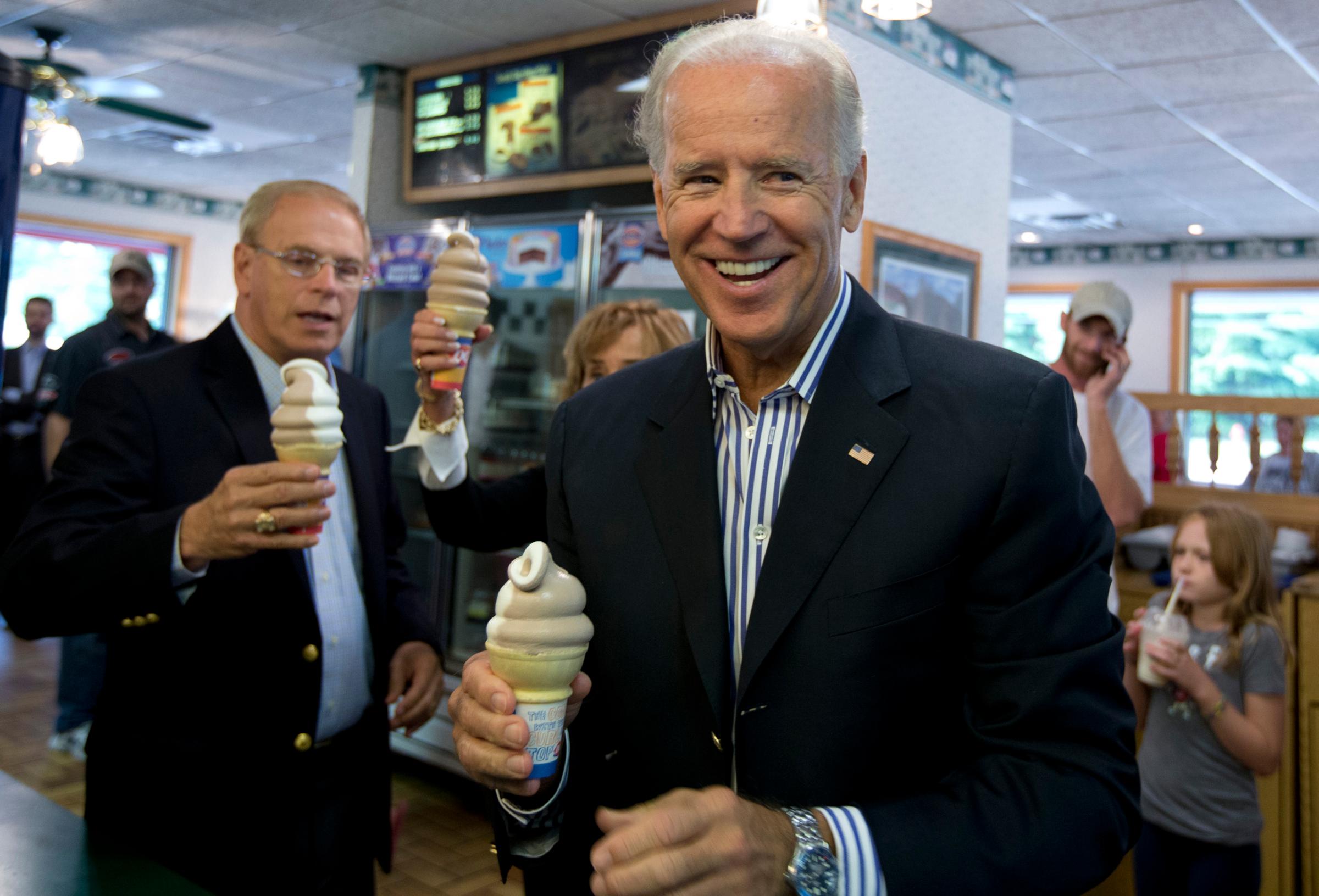 Vice President Joe Biden stops for an ice cream cone at a Dairy Queen with former Ohio Gov. Ted Strickland in Nelsonville, Ohio on Sept. 8, 2012.
