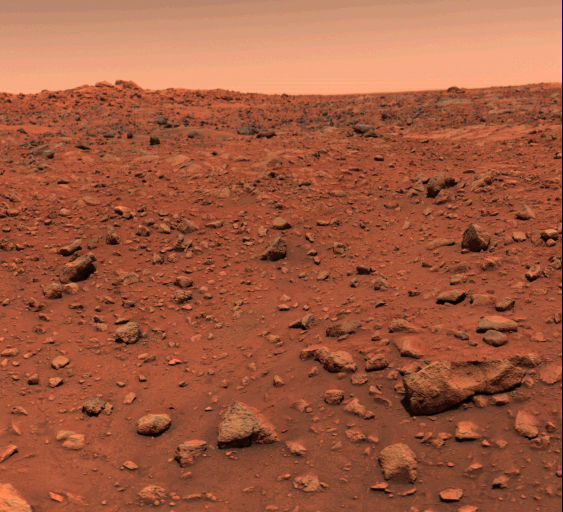 The first color picture of Mars, taken the day after Viking 1 landed on the surface of Mars, July 21, 1976.