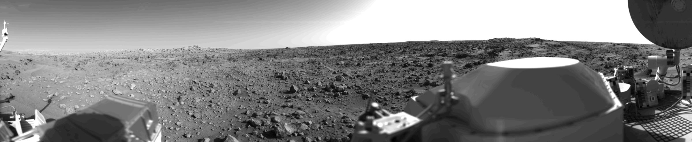 The first panoramic view of Mars, taken minutes after Viking 1 landed on the surface of Mars, July 20, 1976.