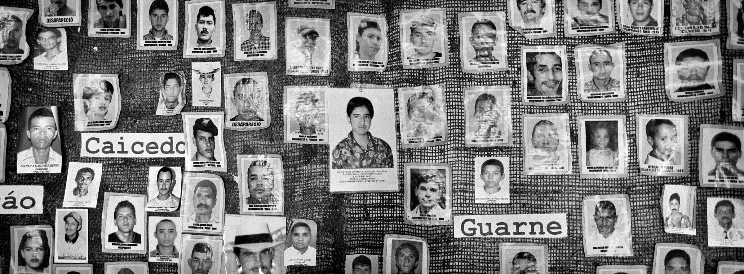 A mural with photographs of missing people from the war in Antioquia, Colombia, Feb. 2015. The association of the mothers of the candelaria helps families find missing relatives. It was the first Association in Colombia which demanded answers about the fate of the missing 96,000 that exist in Colombia.