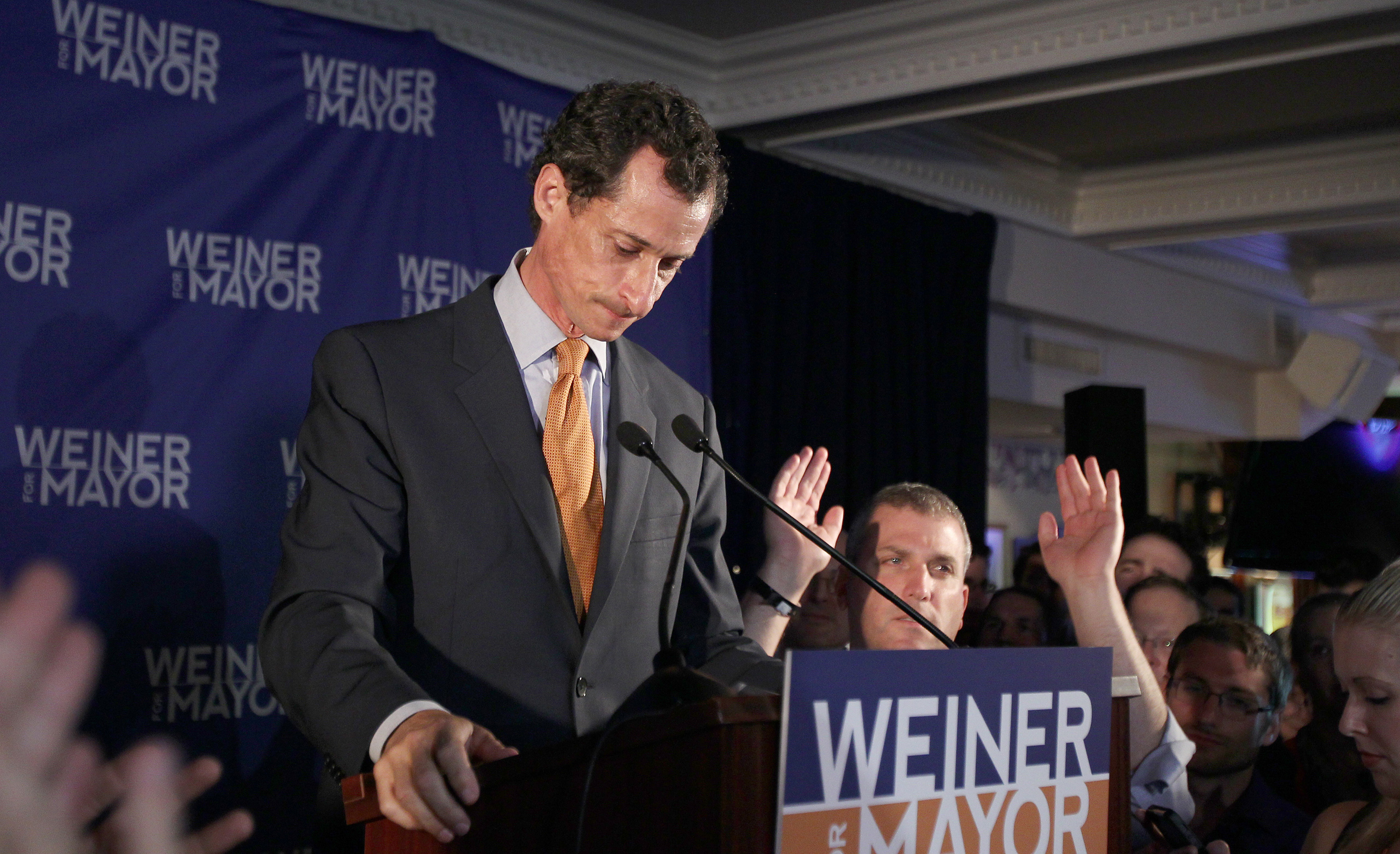 Democratic mayoral hopeful Anthony Weiner makes his concession speech at Connolly's Pub in midtown in New York City on Sept. 10, 2013. (Donald Traill—AP)