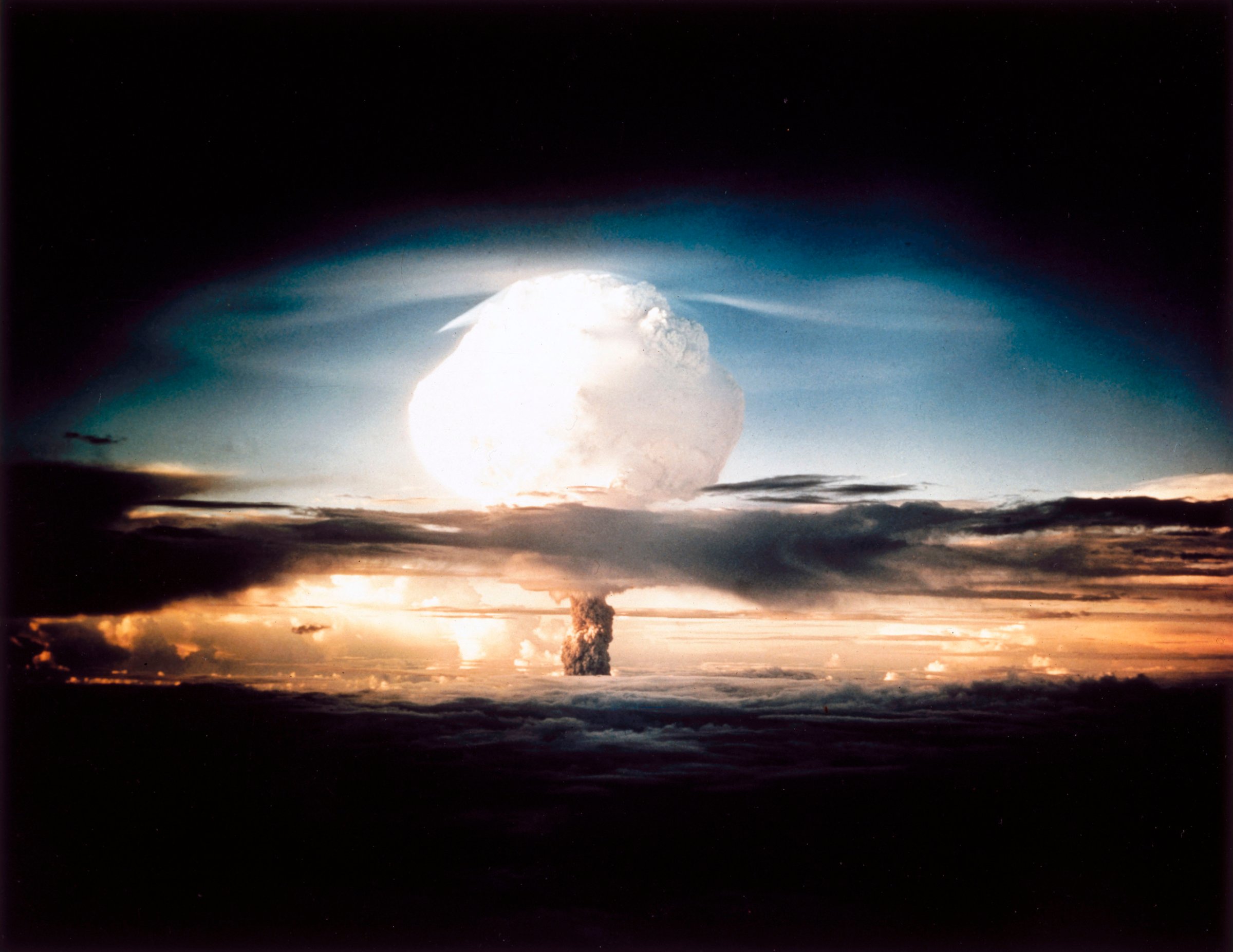 The mushroom cloud produced by the first explosion by the Americans of a hydrogen bomb at Eniwetok Atoll in the South Pacific.