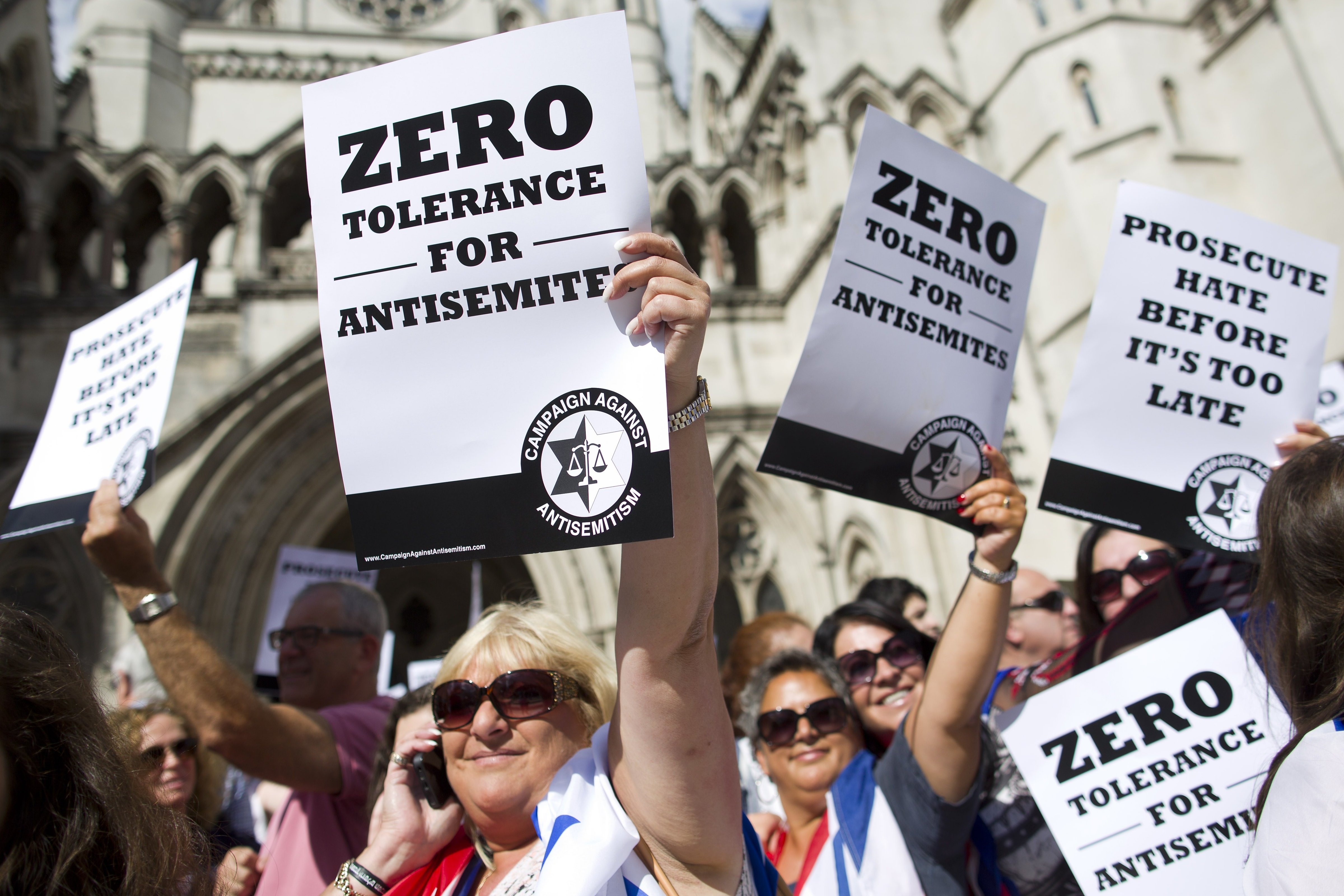 Jewish groups protest outside the Royal Courts of Justice in London on August 31, 2014, as they call for "Zero Tolerance for Anti-Semitism". Jewish groups demonstrated outside the British High Court as latest figures published by the Community Security Trust reported a spike in anti-semitic attacks on people and property in the UK following the lastest outbreak of violence between Israel and Palestinians in Gaza. (Justin Tallis—AFP/Getty Images)