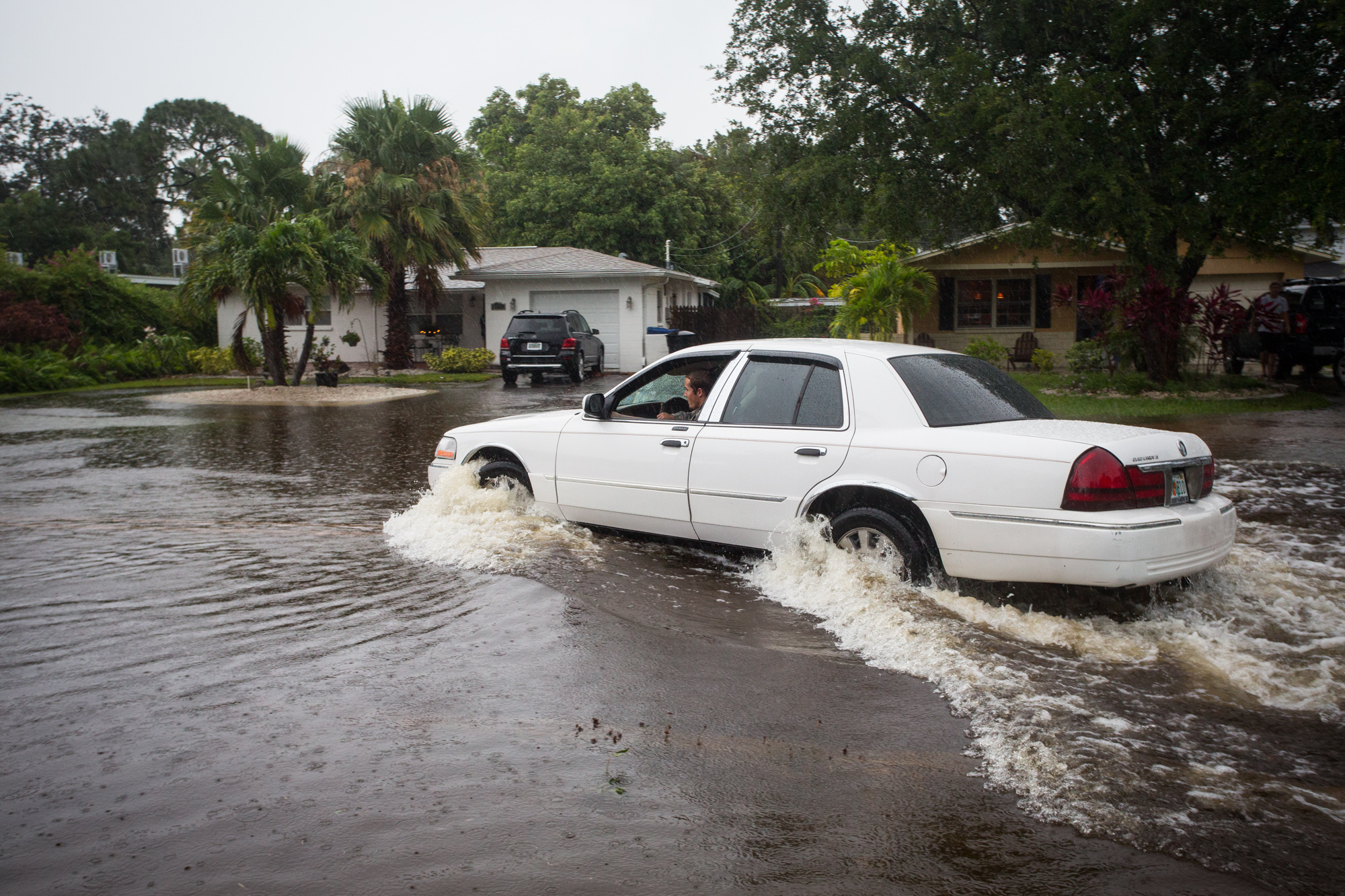 A motorist drives down a flooded street in St. Petersburg, Fla., after Tropical Storm Colin dumped heavy rains over the Tampa Bay area on June 7, 2016.