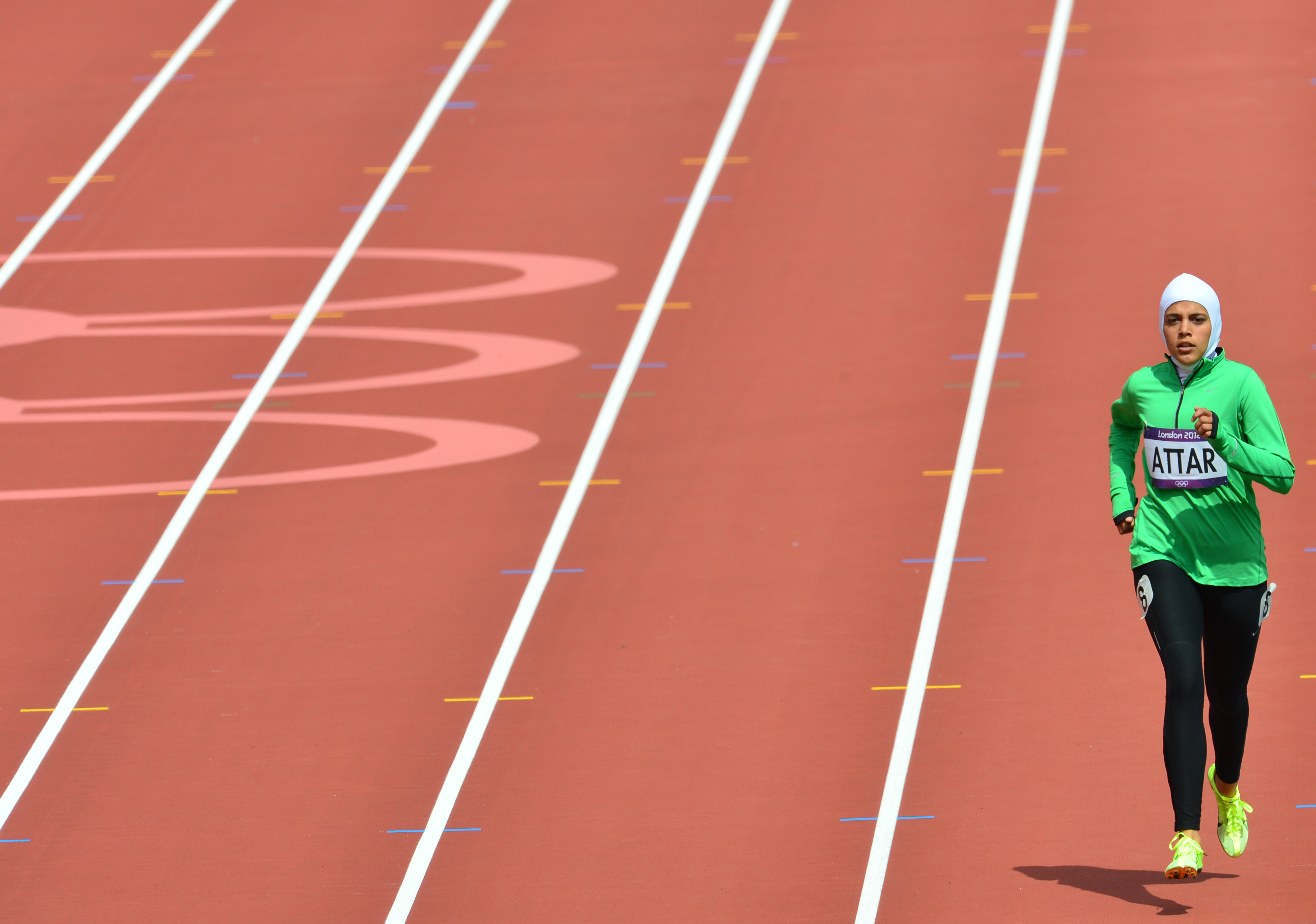 Saudi Arabia's Sarah Attar competes in the women's 800m heats at the athletics event of the London 2012 Olympic Games on Aug. 8, 2012. (Gabriel Bouys—AFP/Getty Images)