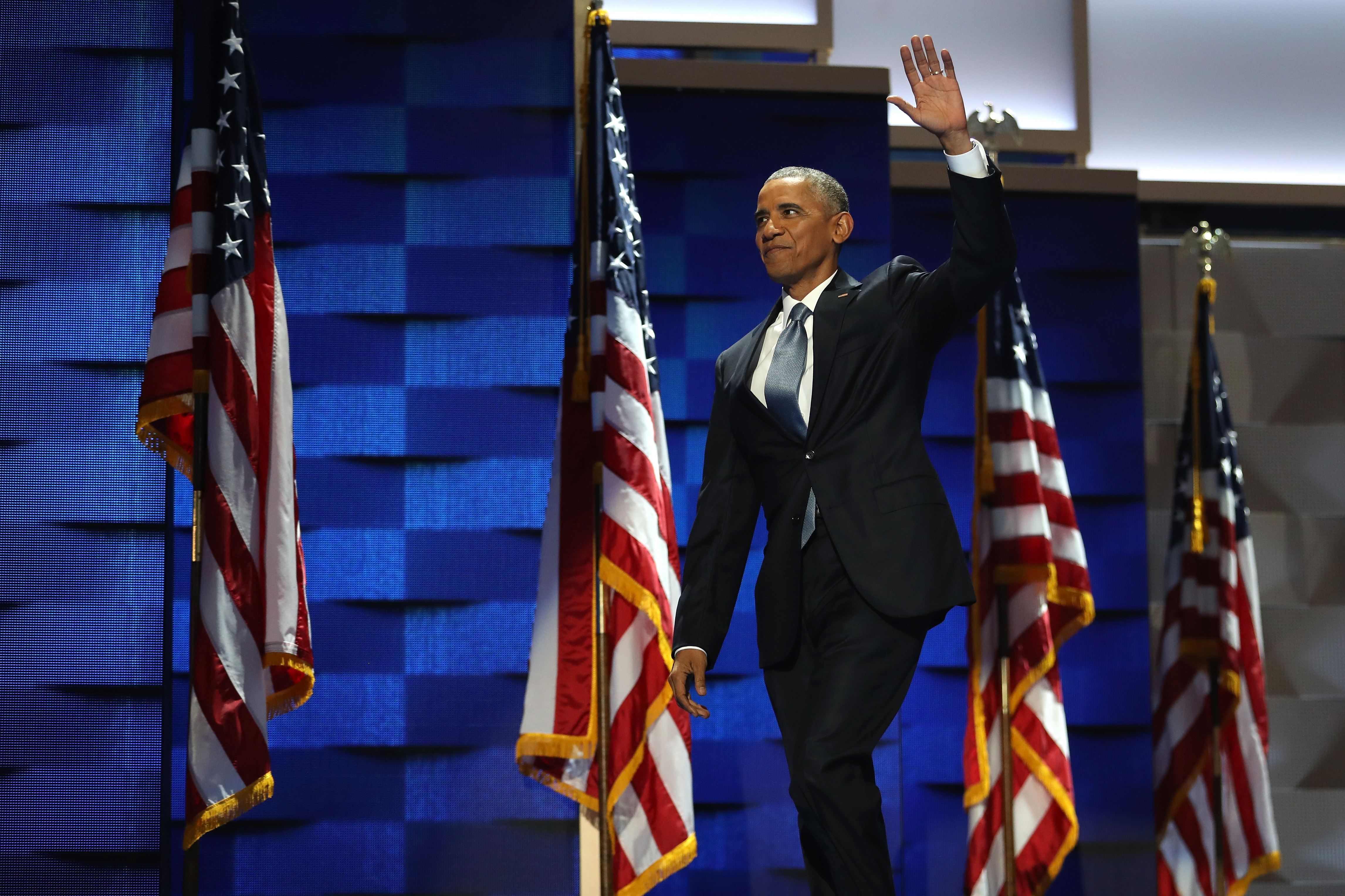 President Barack Obama acknowledges the crowd as he arrives on stage to deliver remarks on the third day of the Democratic National Convention at the Wells Fargo Center on July 27, 2016 in Philadelphia, Penn. (Joe Raedle/Getty Images)