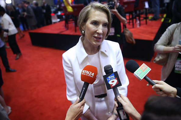 Former Republican presidential candidate Carly Fiorina speaks to the media in the spin room, after earlier in the week having endorsed Sen. Ted Cruz (R-TX), as she attends the CNN, Salem Media Group, The Washington Times Republican Presidential Primary Debate on the campus of the University of Miami on March 10, 2016 in Coral Gables, Florida.
