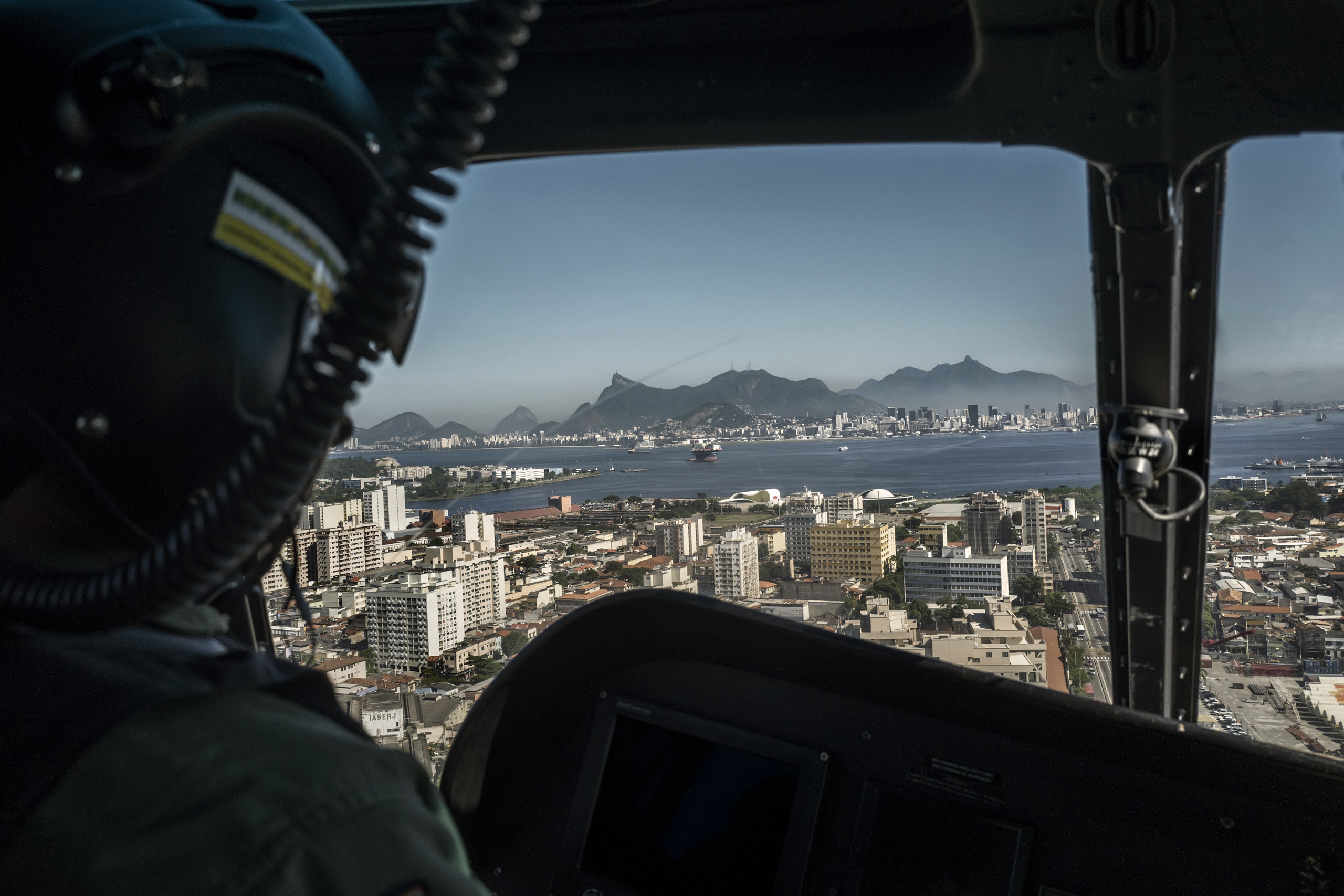 Helicopter flight over Rio de Janeiro during an exercice in anticipation of the Olympic Games.