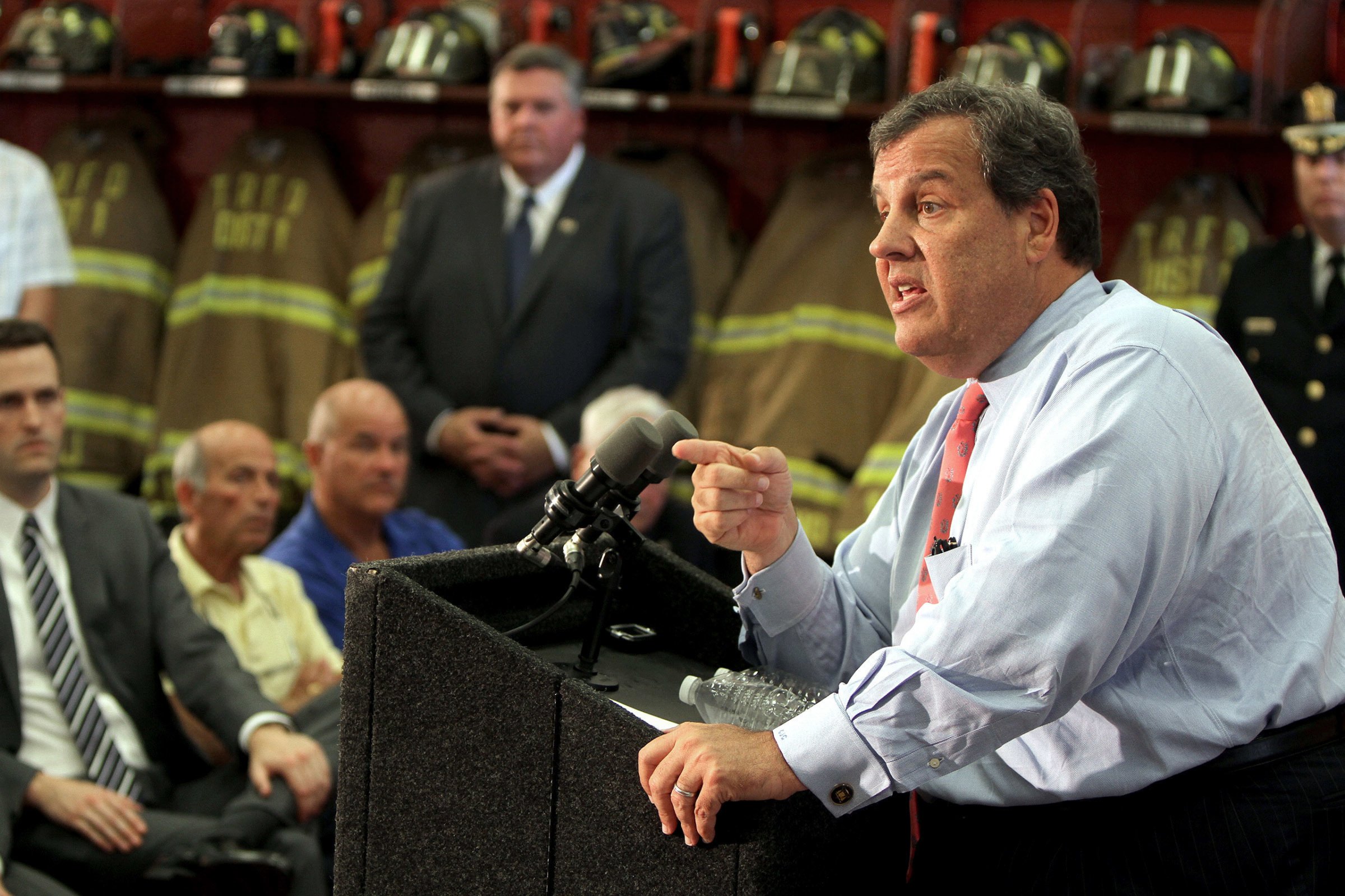 New Jersey Gov. Chris Christie speaks at the East Dover Firehouse in Toms River, N.J, Friday, Aug. 26, 2016. He announced the availability of additional federal disaster aid for superstorm Sandy recovery that is expected to benefit the township's municipal government and regional school district. (Thomas P. Costello /The Asbury Park Press via AP)