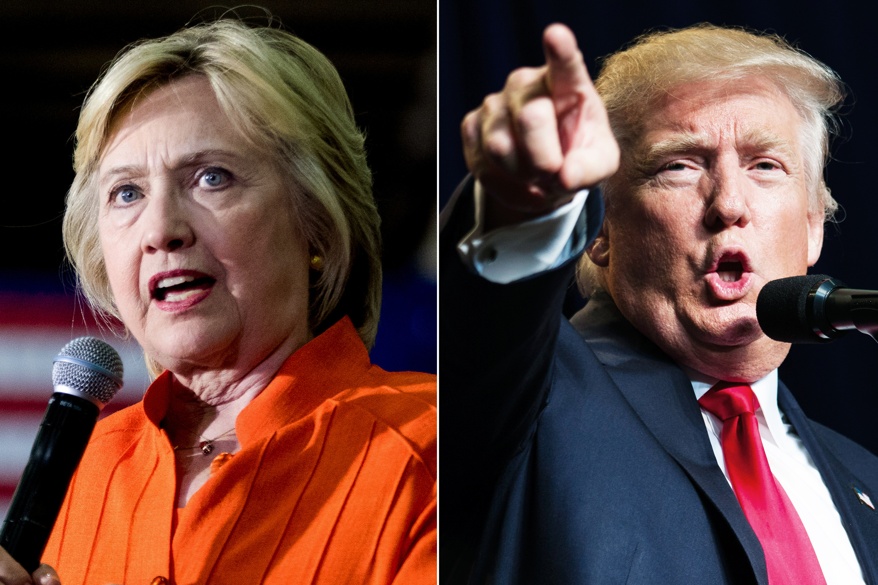 Hillary Clinton in St. Petersburg, FL, on Aug. 8, 2016 (L); Donald Trump in Green Bay, WI, on Aug. 5, 2016. (Andrew Harnik—AP (L); Darren Hauck—Getty Images)