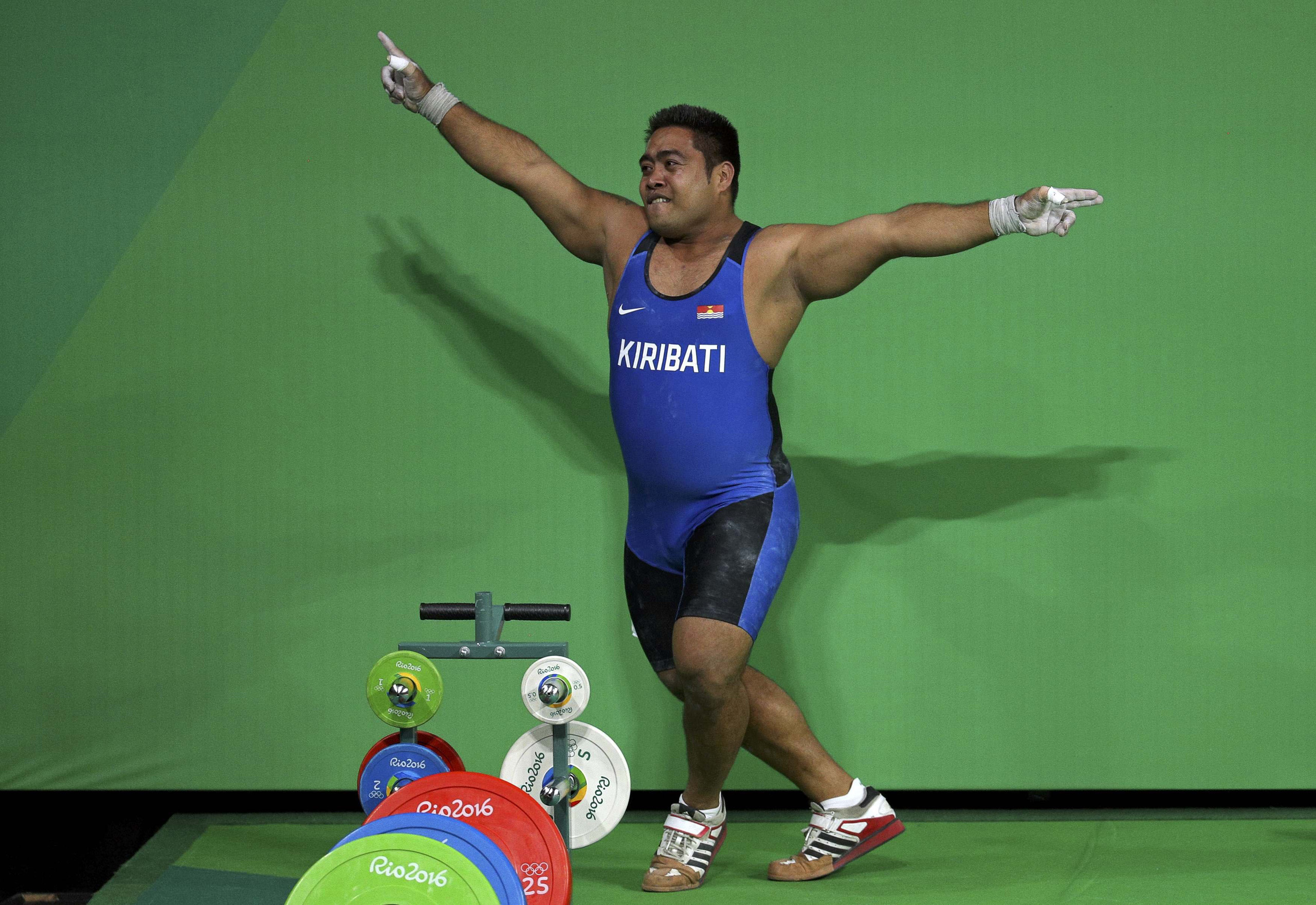 David Katoatau of Kiribati dances during the Men's 105kg Group B Weightlifting event on Day 10 of the Rio 2016 Olympic Games at Riocentro - Pavilion 2 in Rio de Janeiro on Aug. 15, 2016.
