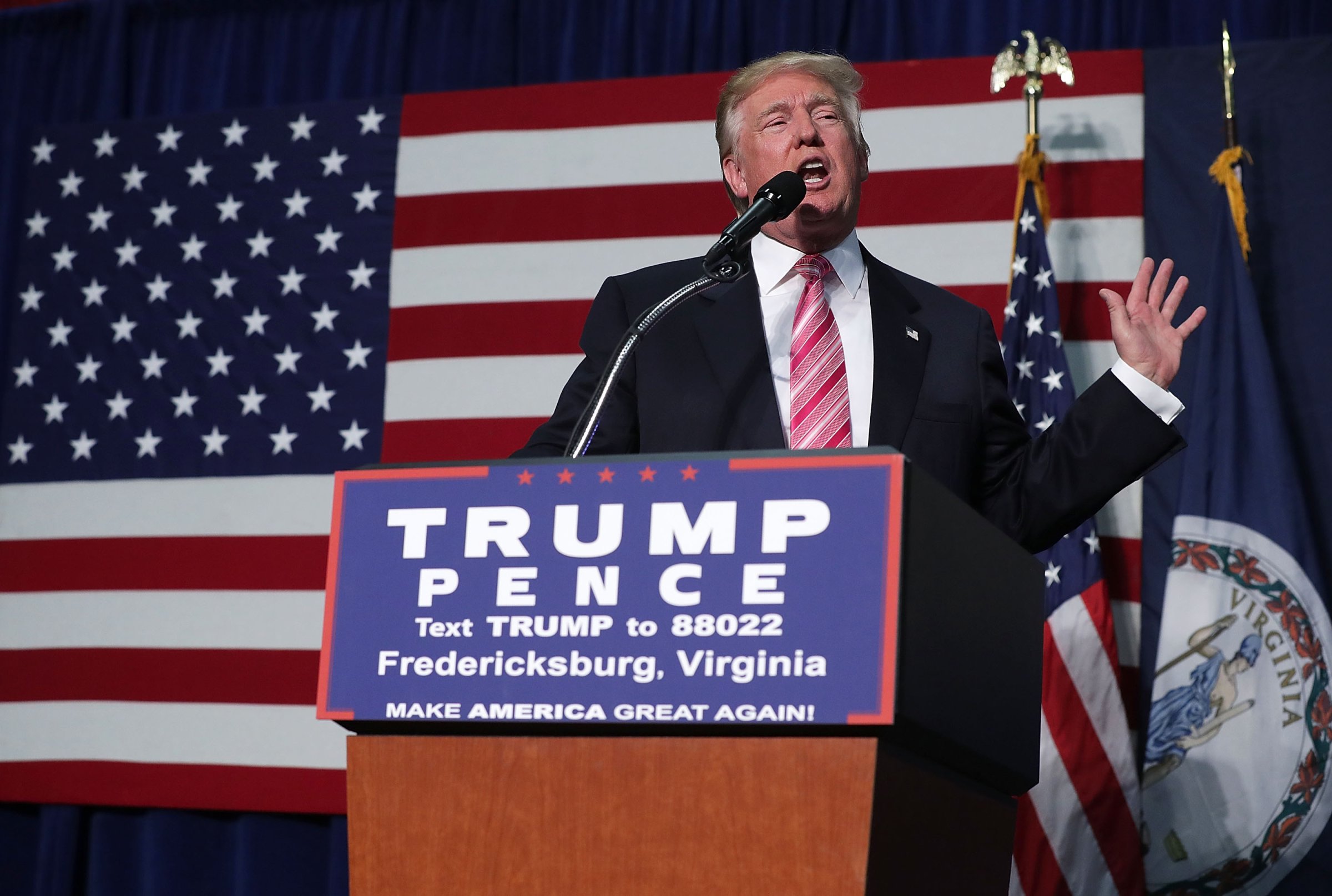 Donald Trump speaks to voters during a campaign rally, on Aug. 20, 2016 in Fredericksburg, Va.