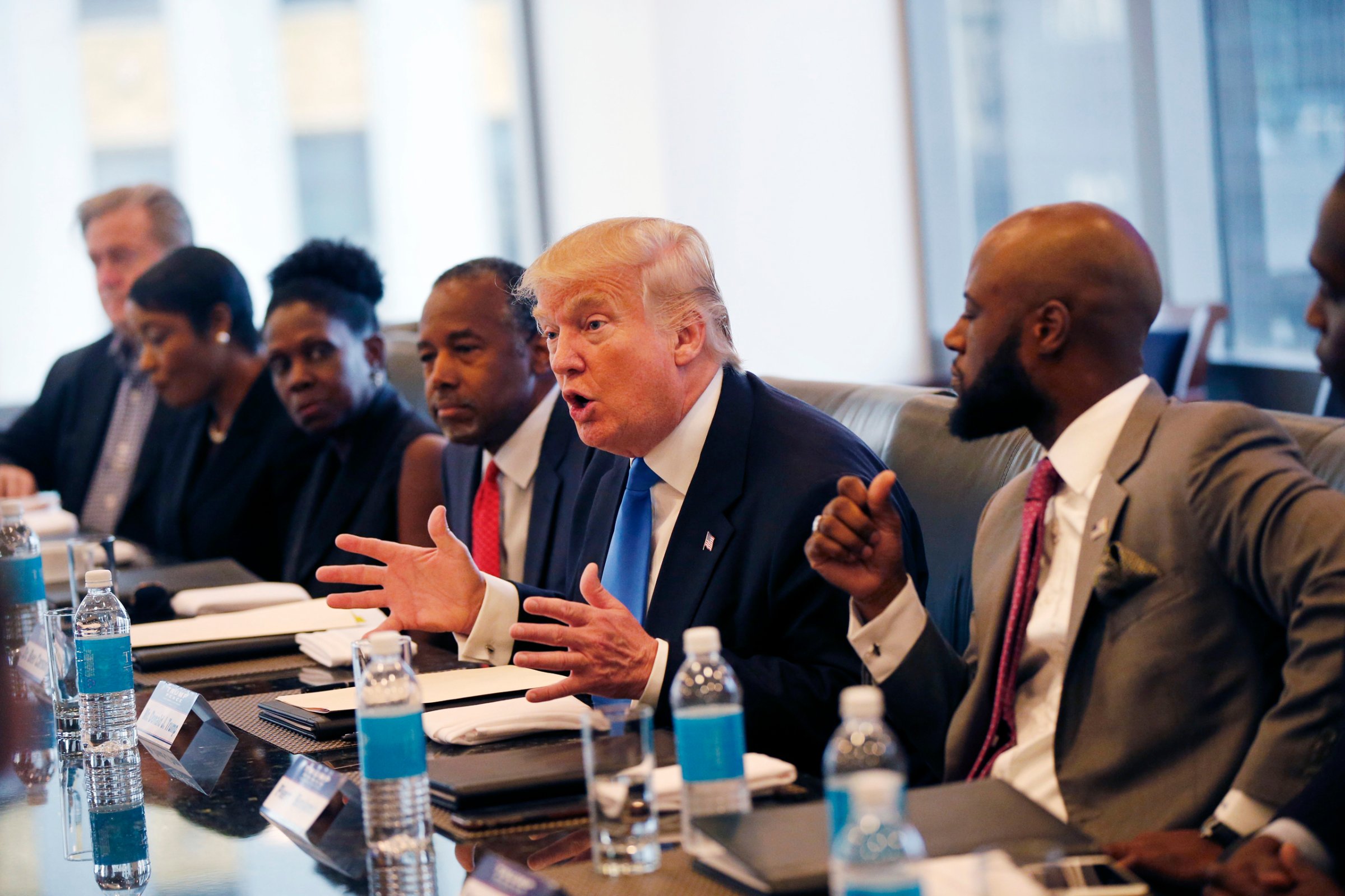 Republican presidential candidate Donald Trump holds a roundtable meeting with the Republican Leadership Initiative in his offices at Trump Tower in New York City on Aug. 25, 2016. Dr. Ben Carson is seated next to Trump at center.